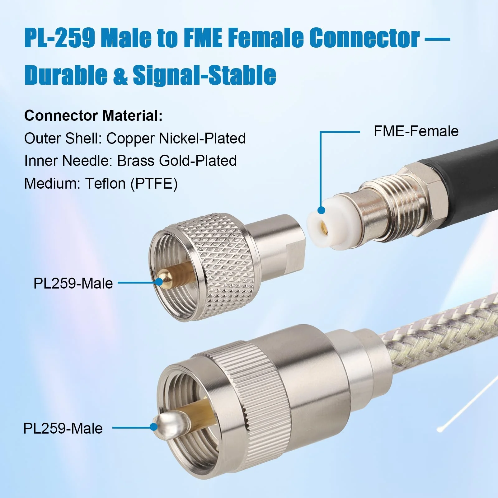 CB Coax Cable 10FT, RG8X FME Female to UHF PL-259 Male with FME Male to PL-259 Adapter, Low Loss RF Coaxial Cable for Antenna, CB Radio, Ham Radio, Marine, Mobile, and GPS Systems - Image 3