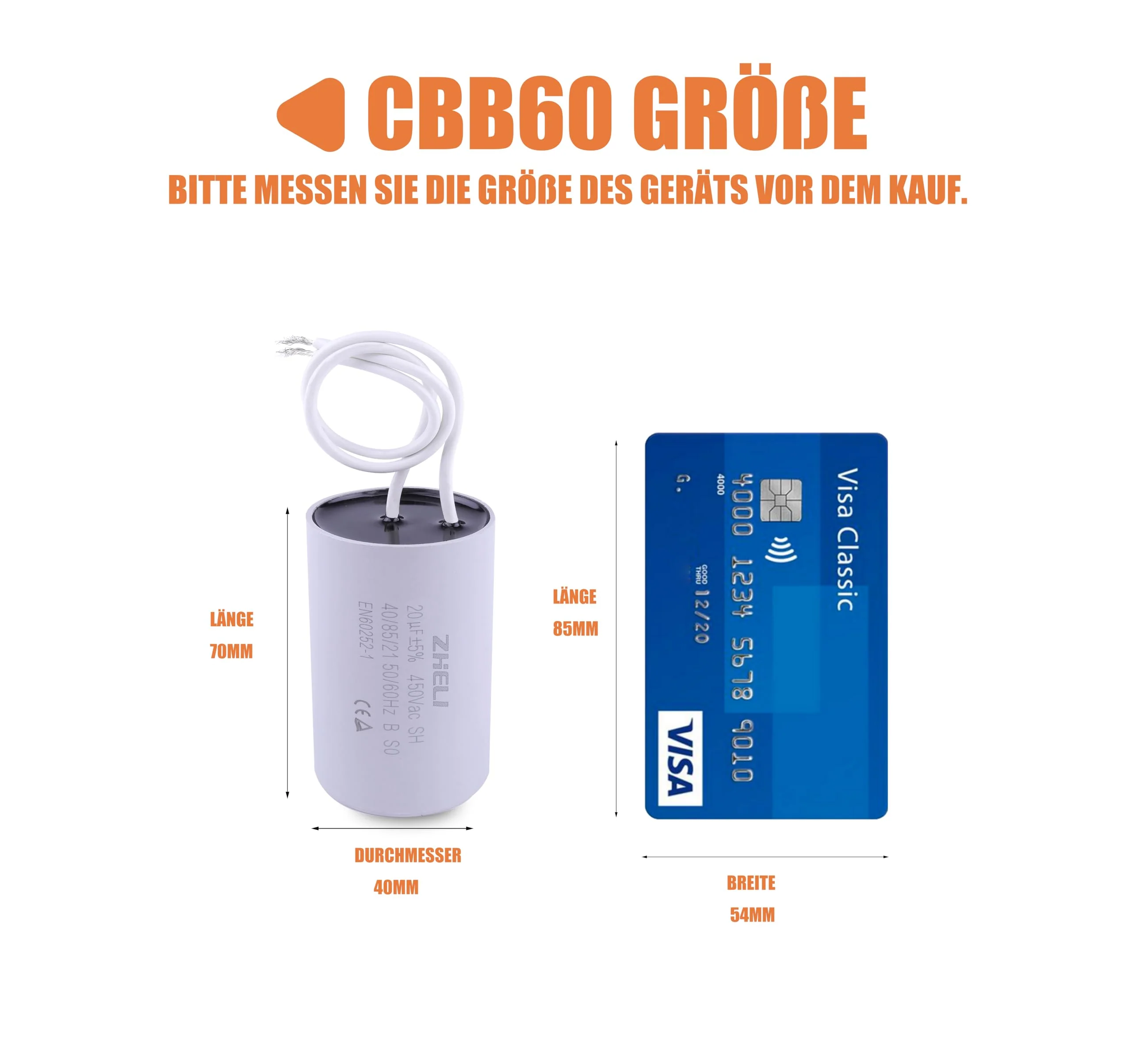 CBB60 20uF Motor Run Capacitor MFD 450VAC 50/60hz Cylindrical 40 mm x 70 mm (DE-20uF) - Image 6