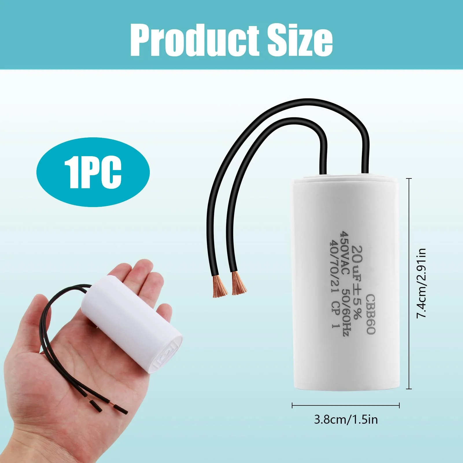 CBB60 450V 20Uf Capacitor Starting Capacitor 50/60Hz Motor Capacitor Work Capacitor Cable Start Microfarad Operation with M8 Wires for Electric Motor, Dryer, Pump, Pool, Air Conditioning - Image 2