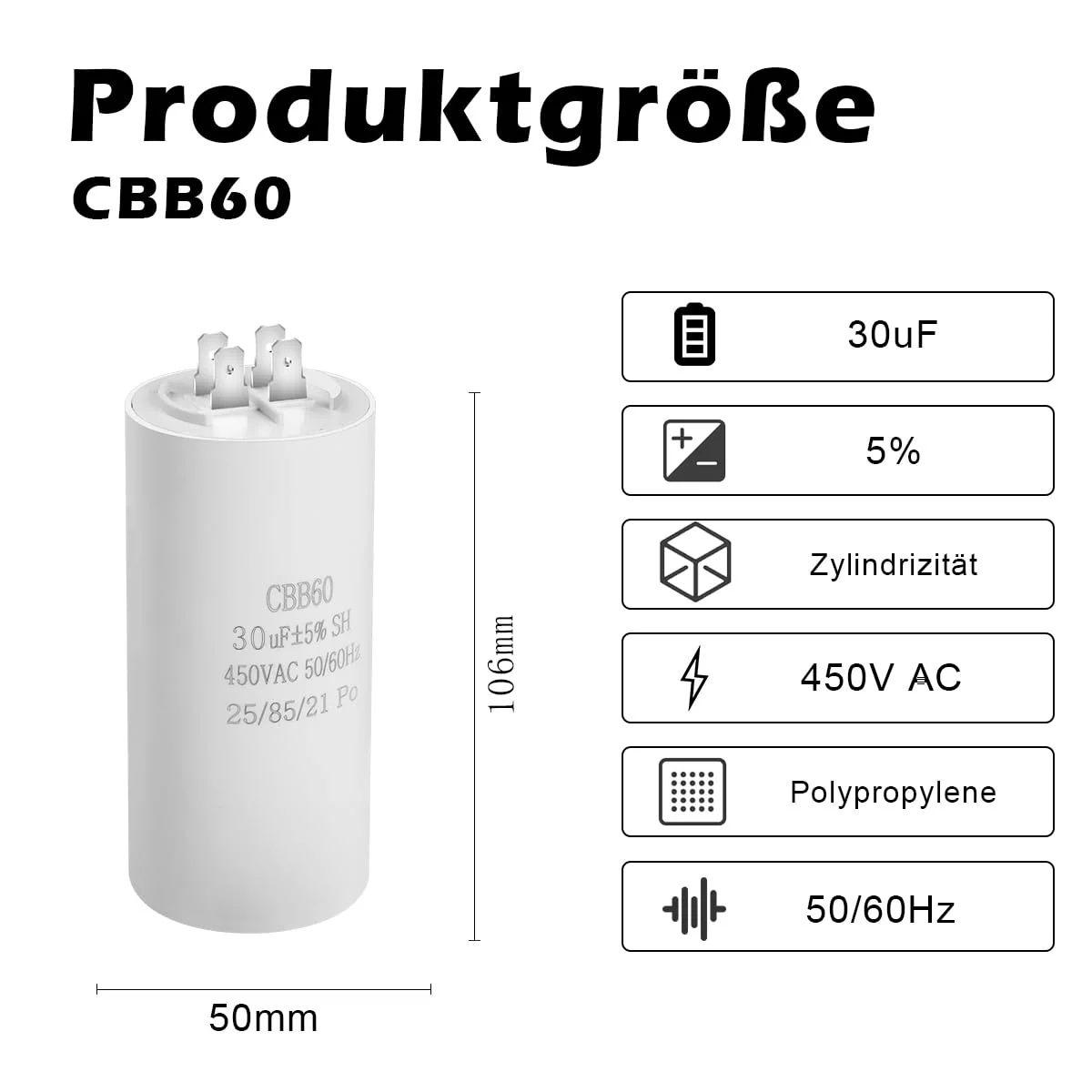 CBB60 450V 30UF 50/60HZ Capacitor, Plug-In Capacitor, Starter Capacitor, Motor Capacitor, Suitable for Pumps, Lawnmowers and Other Electrical Devices (Four Connections) - Image 2