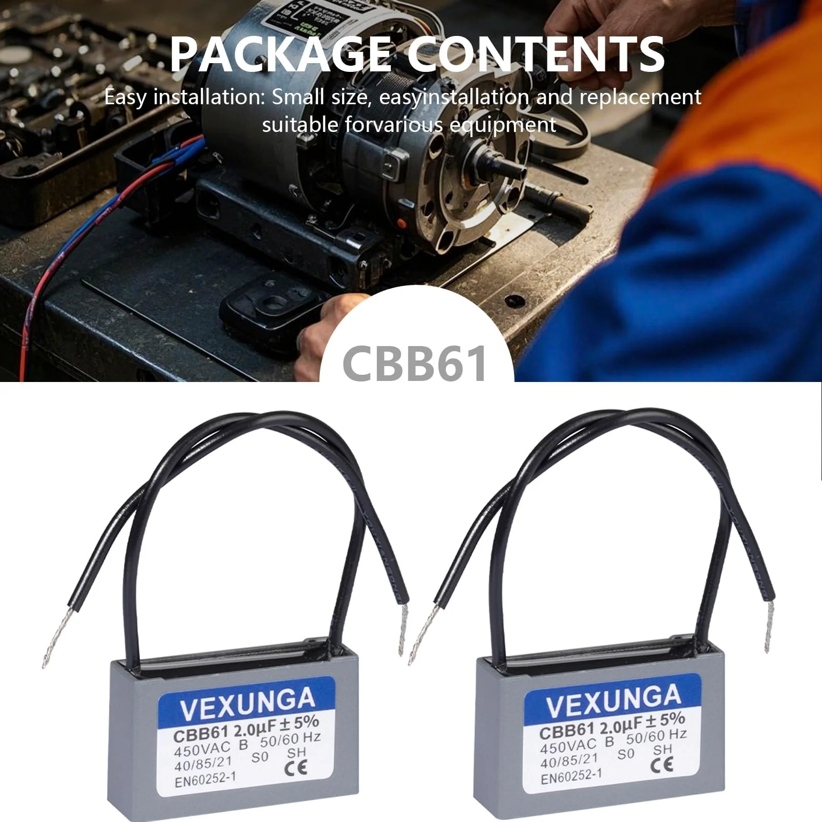 CBB61 Fan Capacitor 2uF 450 Volt Ceiling Fan Capacitors Replacement 2MFD 450V AC 450VAC 50/60Hz 2Wire for Fans Motor Start Run (2Pcs) - Image 3