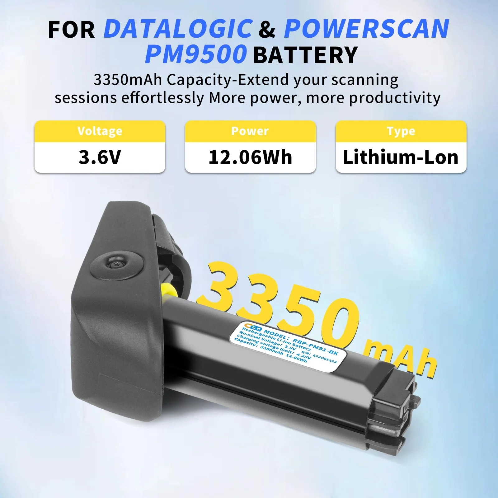 CBQ RBP-PM91-BK Battery, for Datalogic PM9300 PM9100 PM9500 PM9501 PBT9501 95X1 AR PM9501-AR Scanner for Honeywell PowerScan RBP-PM91-BK FBP-9001 FBP-PM91 Rechargeable Battery - Image 2