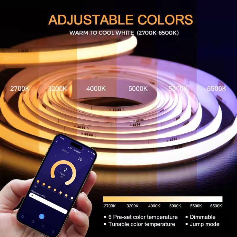 CCT COB LED Strip Light 16.4ft, Tunable White Warm White to Cool White LED Strip, 608LEDs/M DC24V Tape Light, CRI90+, Bluetooth App Control, Dimmable Strips for Bedroom, Office, DIY Lighting. 2700K-6500K - Image 2