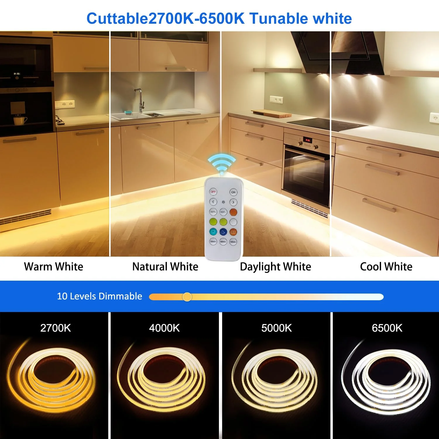 CCT COB LED Strip Light 16.4ft, Tunable White Warm White to Cool White LED Strip, 608LEDs/M DC24V Tape Light, CRI90+, Bluetooth App Control, Dimmable Strips for Bedroom, Office, DIY Lighting. 2700K-6500K - Image 3