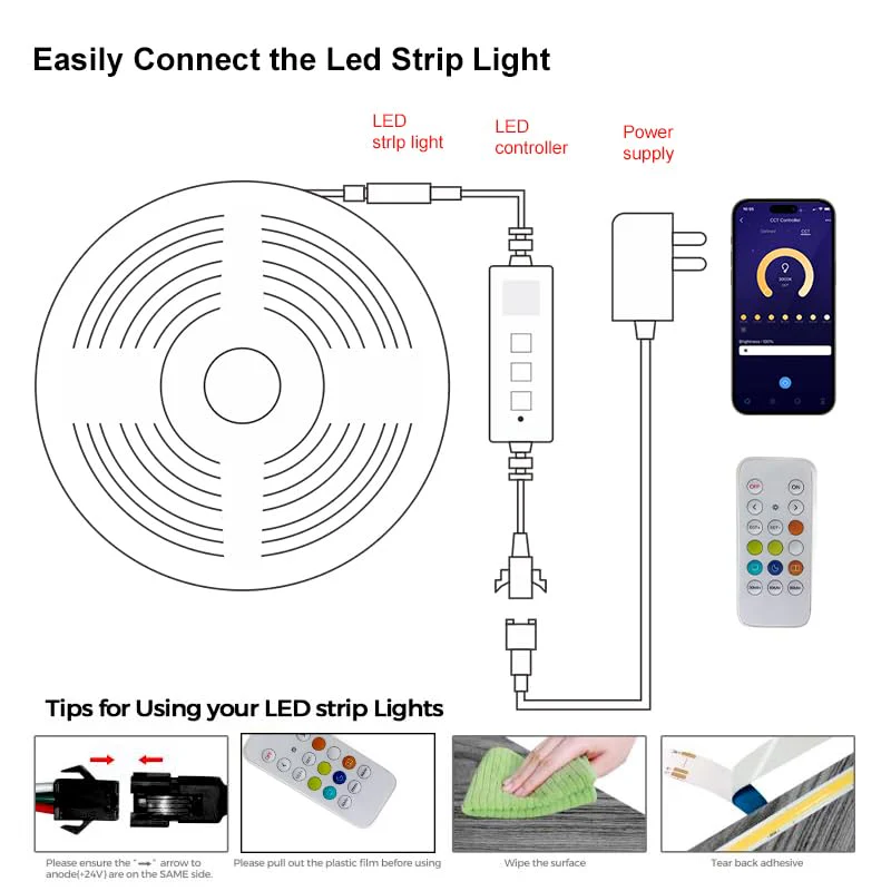 CCT COB LED Strip Light 16.4ft, Tunable White Warm White to Cool White LED Strip, 608LEDs/M DC24V Tape Light, CRI90+, Bluetooth App Control, Dimmable Strips for Bedroom, Office, DIY Lighting. 2700K-6500K - Image 5