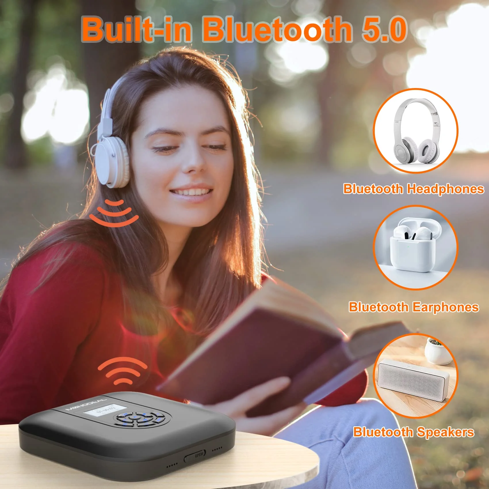CD Player Portable, MONODEAL Bluetooth CD Player with Speakers and FM Transmitter, Rechargeable 1800mAh CD Player for Car and Home with LED Screen - Image 2