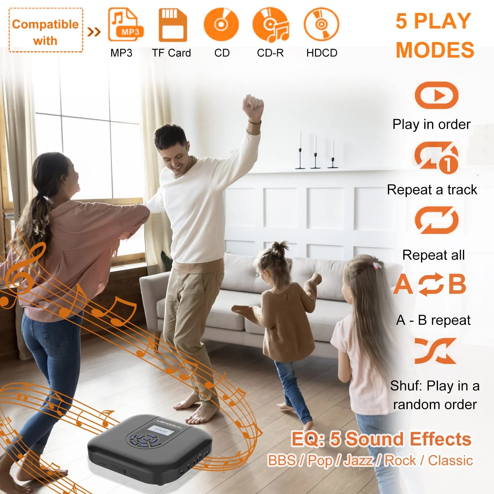 CD Player Portable, MONODEAL Bluetooth CD Player with Speakers and FM Transmitter, Rechargeable 1800mAh CD Player for Car and Home with LED Screen - Image 5