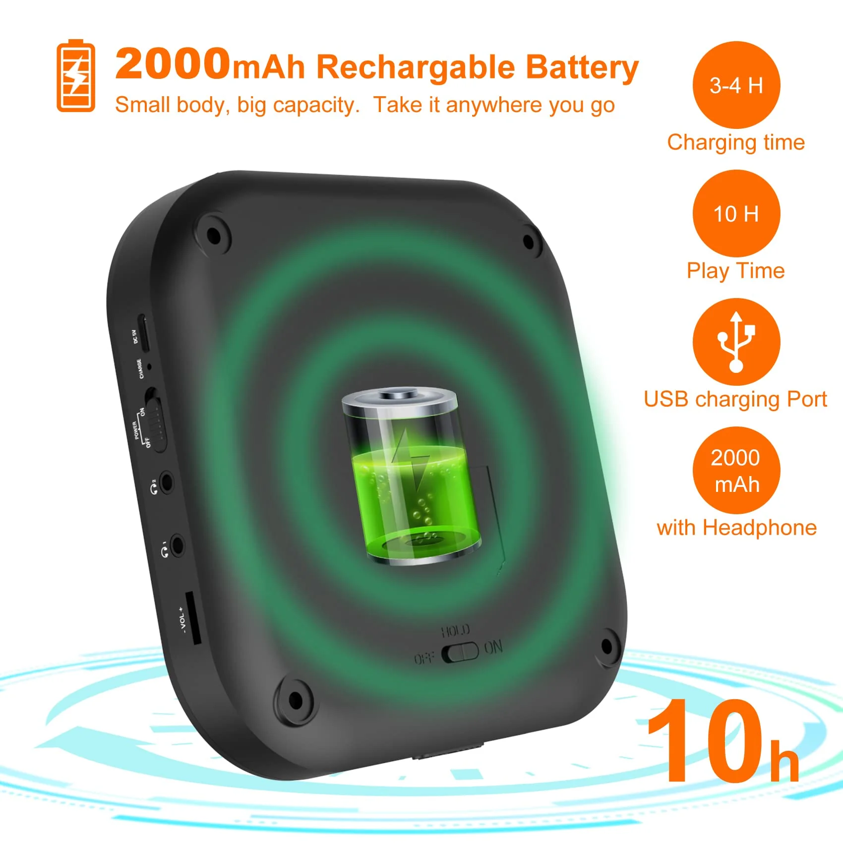 CD Player Portable, MONODEAL Bluetooth CD Player with Speakers and FM Transmitter, Rechargeable 1800mAh CD Player for Car and Home with LED Screen - Image 6