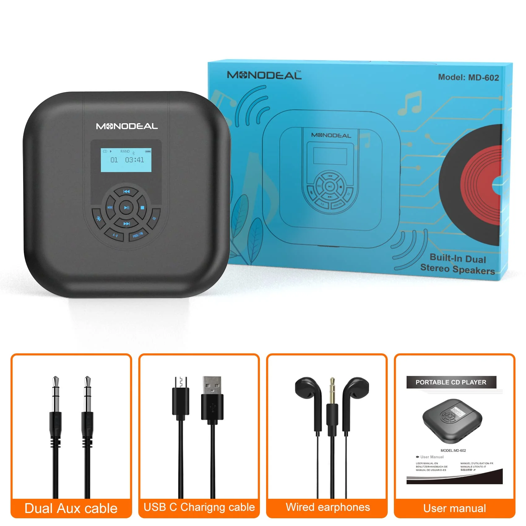 CD Player Portable, MONODEAL Bluetooth CD Player with Speakers and FM Transmitter, Rechargeable 1800mAh CD Player for Car and Home with LED Screen - Image 9