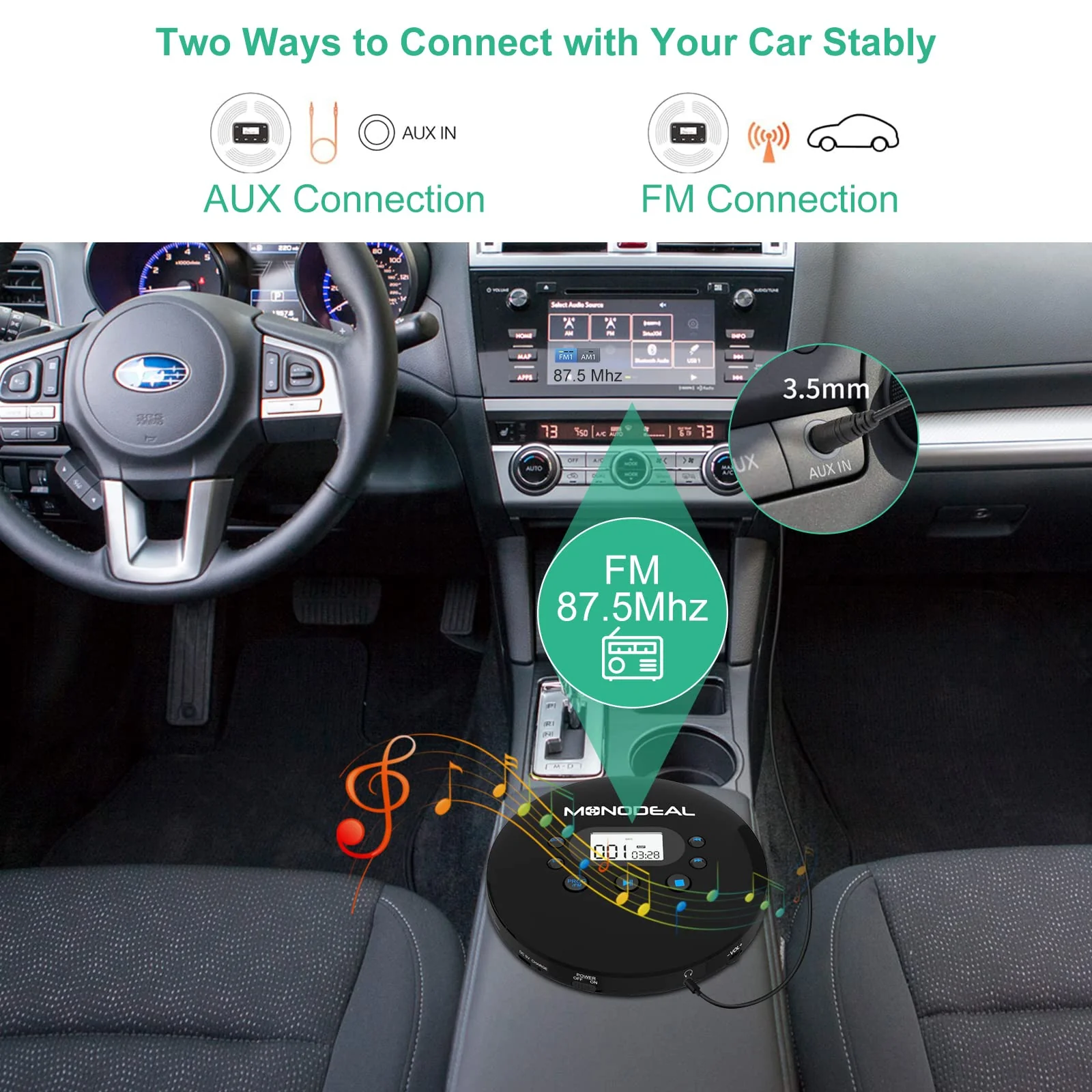 CD Player Portable, MONODEAL Portable CD Player with FM Transmitter, Rechargeable Player for Car for Home Travel with Anti-Skip Protection Compact Player with Headphones - Image 2