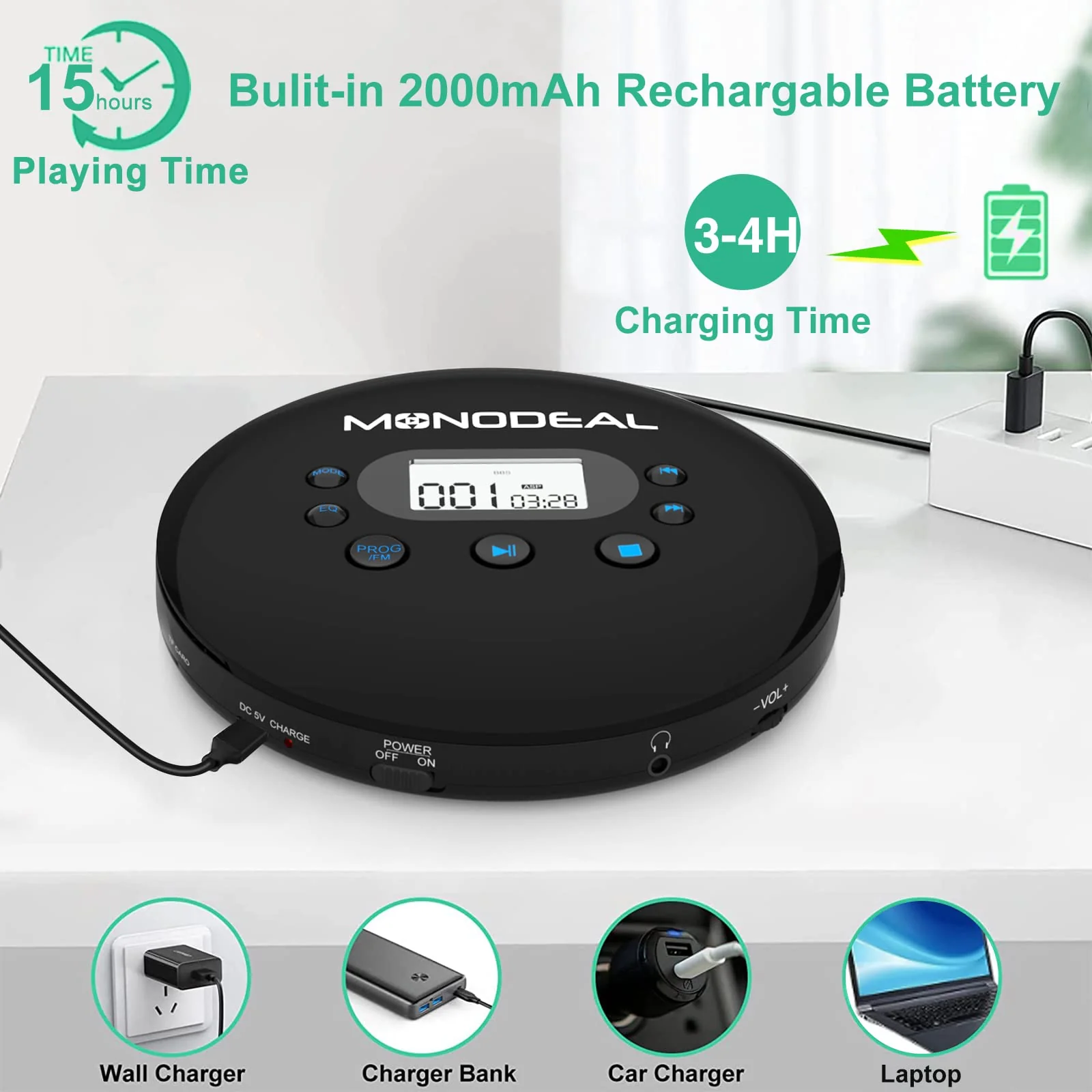CD Player Portable, MONODEAL Portable CD Player with FM Transmitter, Rechargeable Player for Car for Home Travel with Anti-Skip Protection Compact Player with Headphones - Image 5