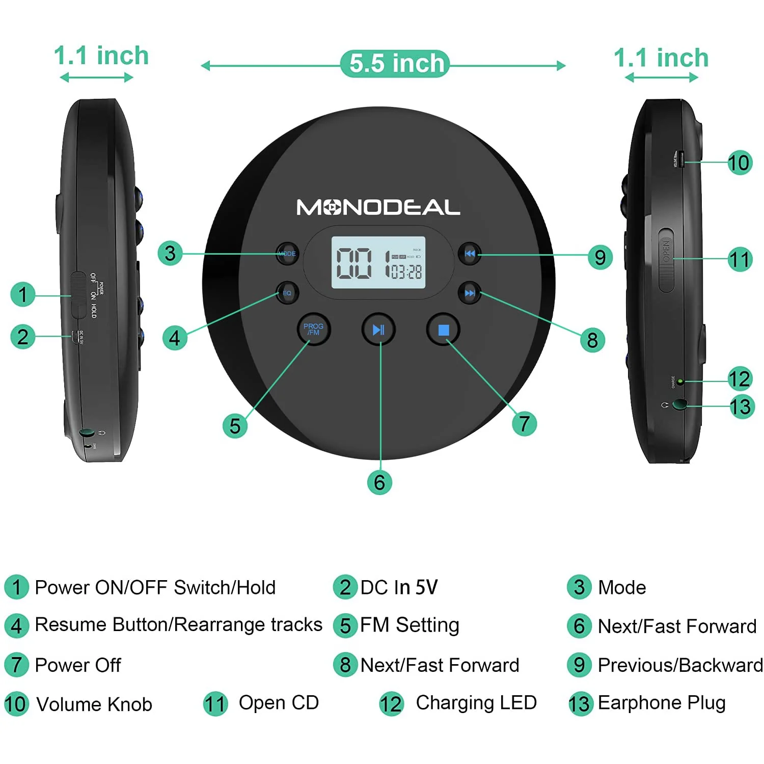 CD Player Portable, MONODEAL Portable CD Player with FM Transmitter, Rechargeable Player for Car for Home Travel with Anti-Skip Protection Compact Player with Headphones - Image 7