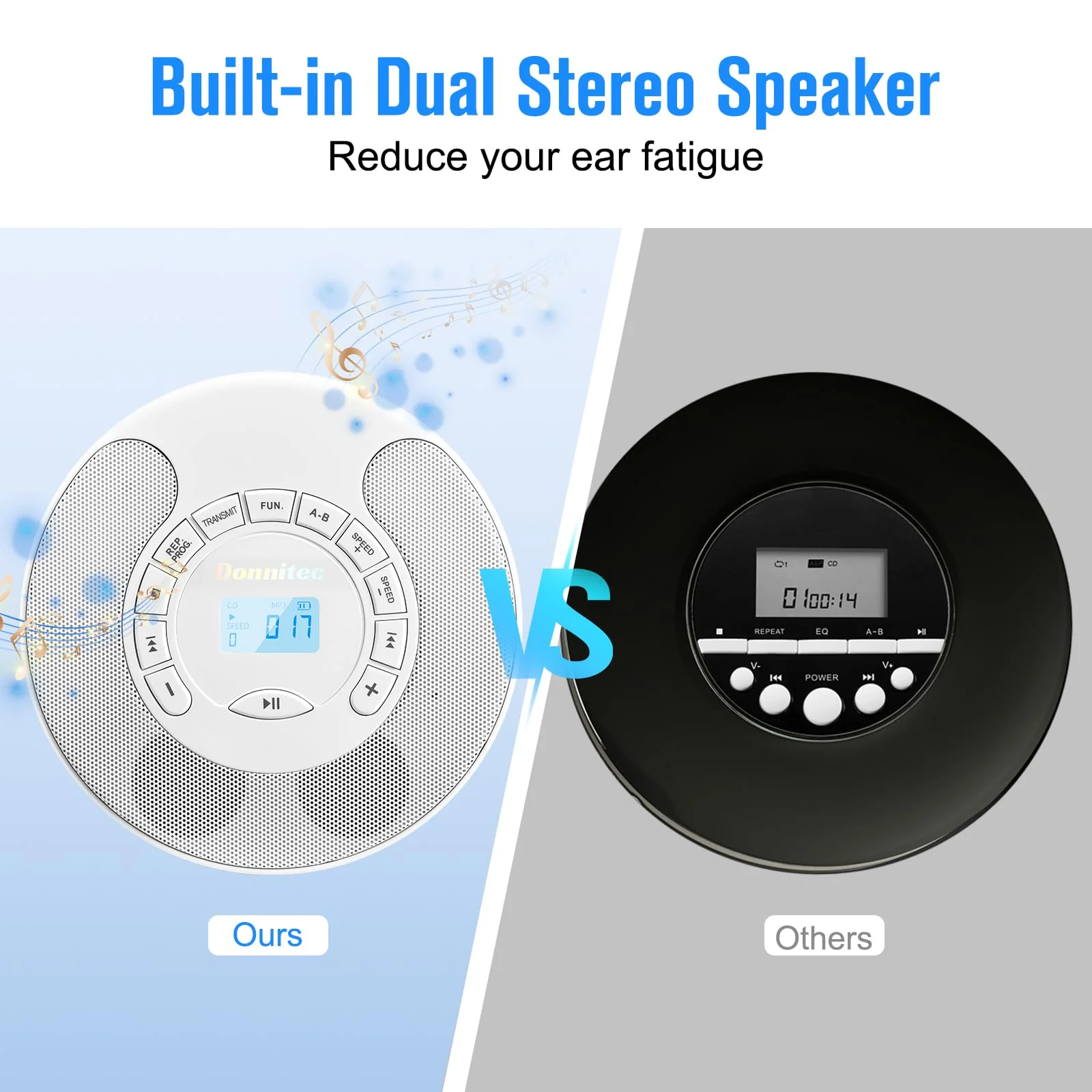 CD Player Portable, Rechargeable Dual Speakers Walkman, Bluetooth CD Player with Backlight LCD Display, support AUX/USB mode, Suitable for car,home,AUX Cable - Image 2