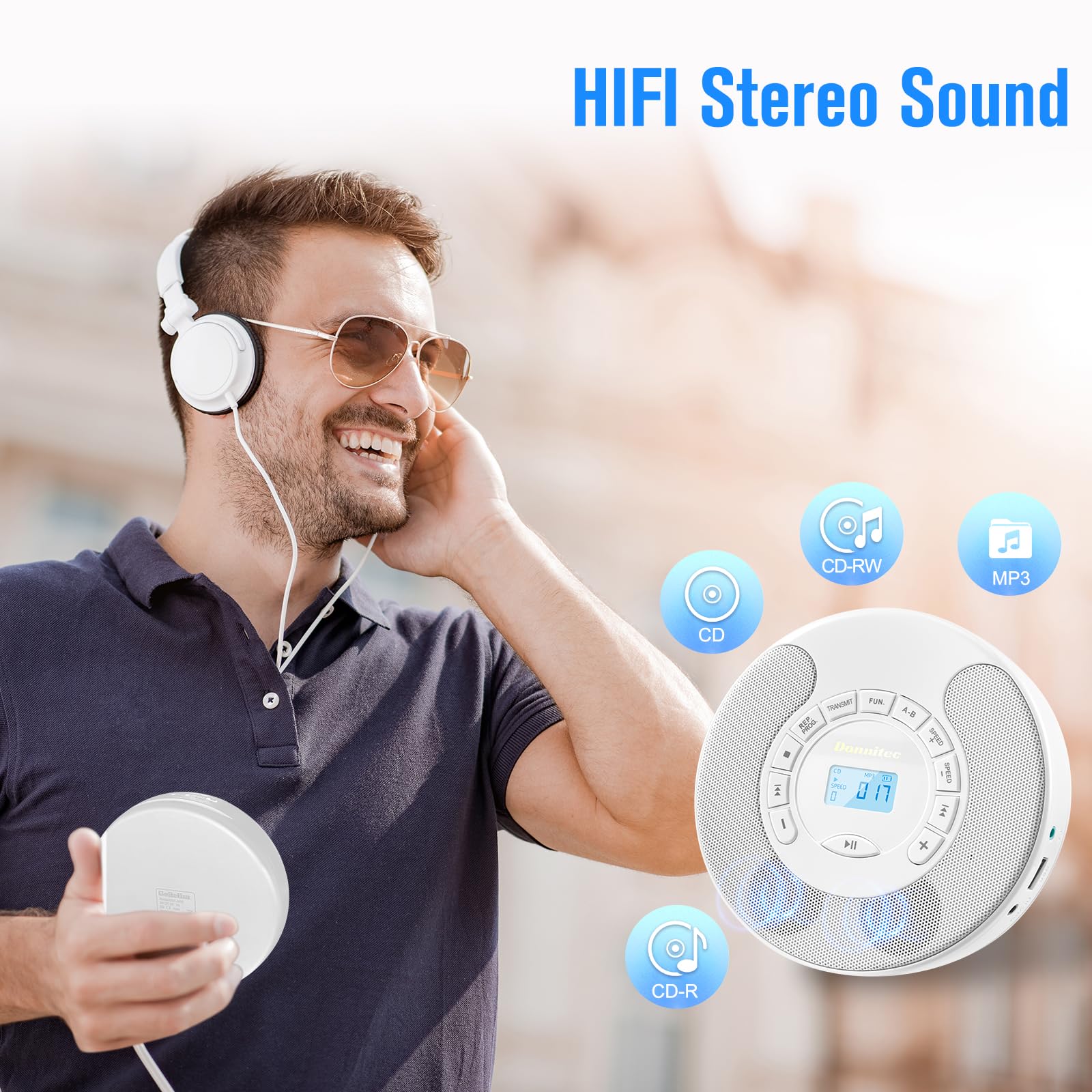 CD Player Portable, Rechargeable Dual Speakers Walkman, Bluetooth CD Player with Backlight LCD Display, support AUX/USB mode, Suitable for car,home,AUX Cable - Image 3