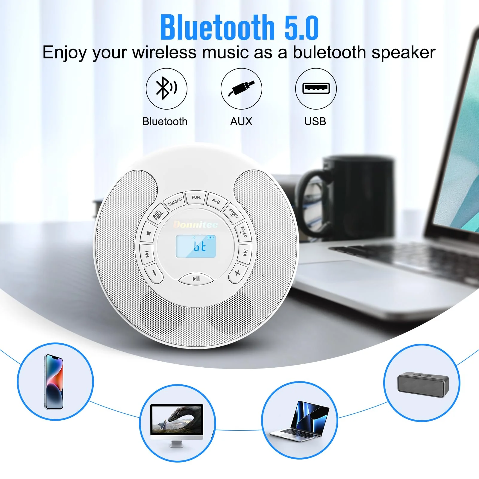 CD Player Portable, Rechargeable Dual Speakers Walkman, Bluetooth CD Player with Backlight LCD Display, support AUX/USB mode, Suitable for car,home,AUX Cable - Image 4