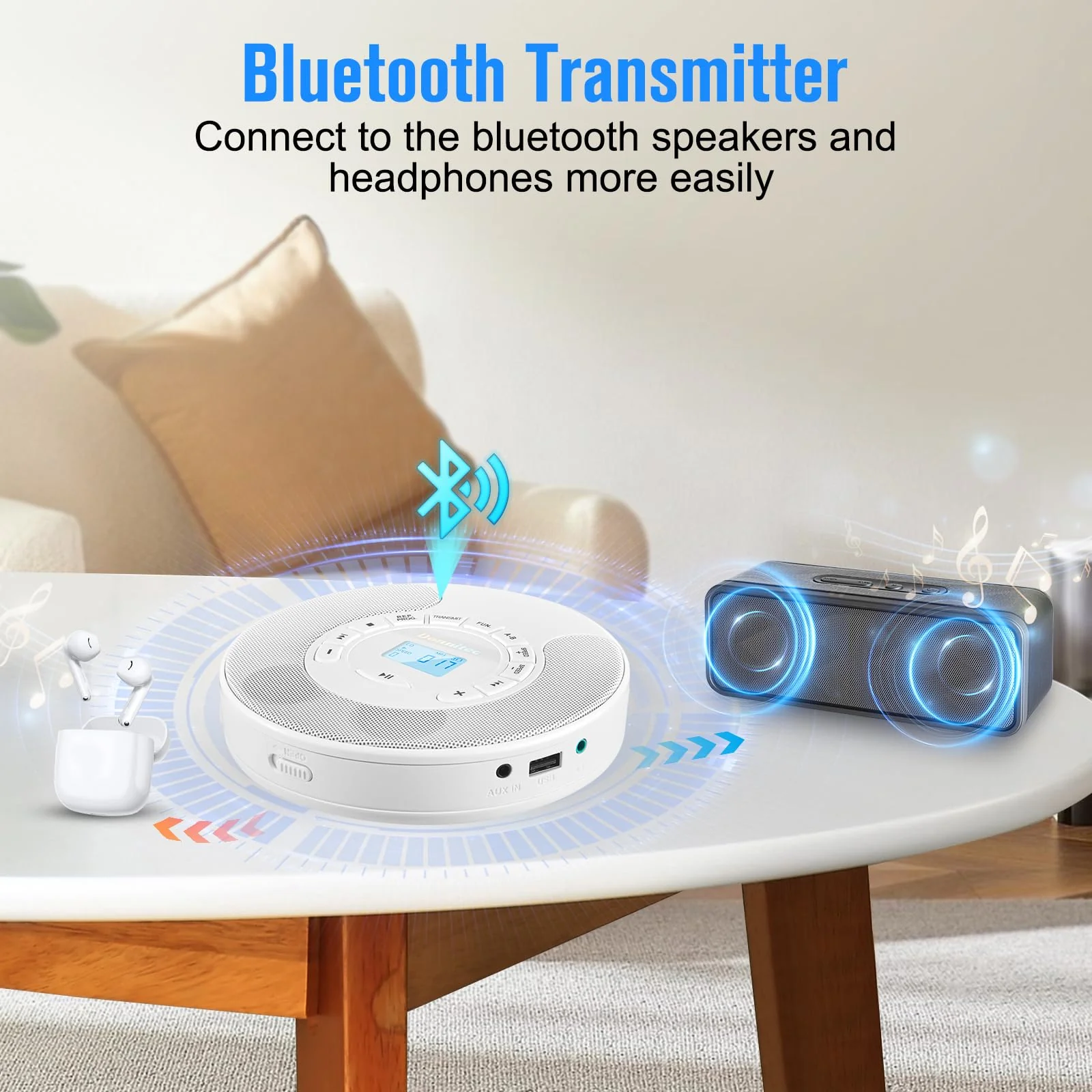 CD Player Portable, Rechargeable Dual Speakers Walkman, Bluetooth CD Player with Backlight LCD Display, support AUX/USB mode, Suitable for car,home,AUX Cable - Image 5