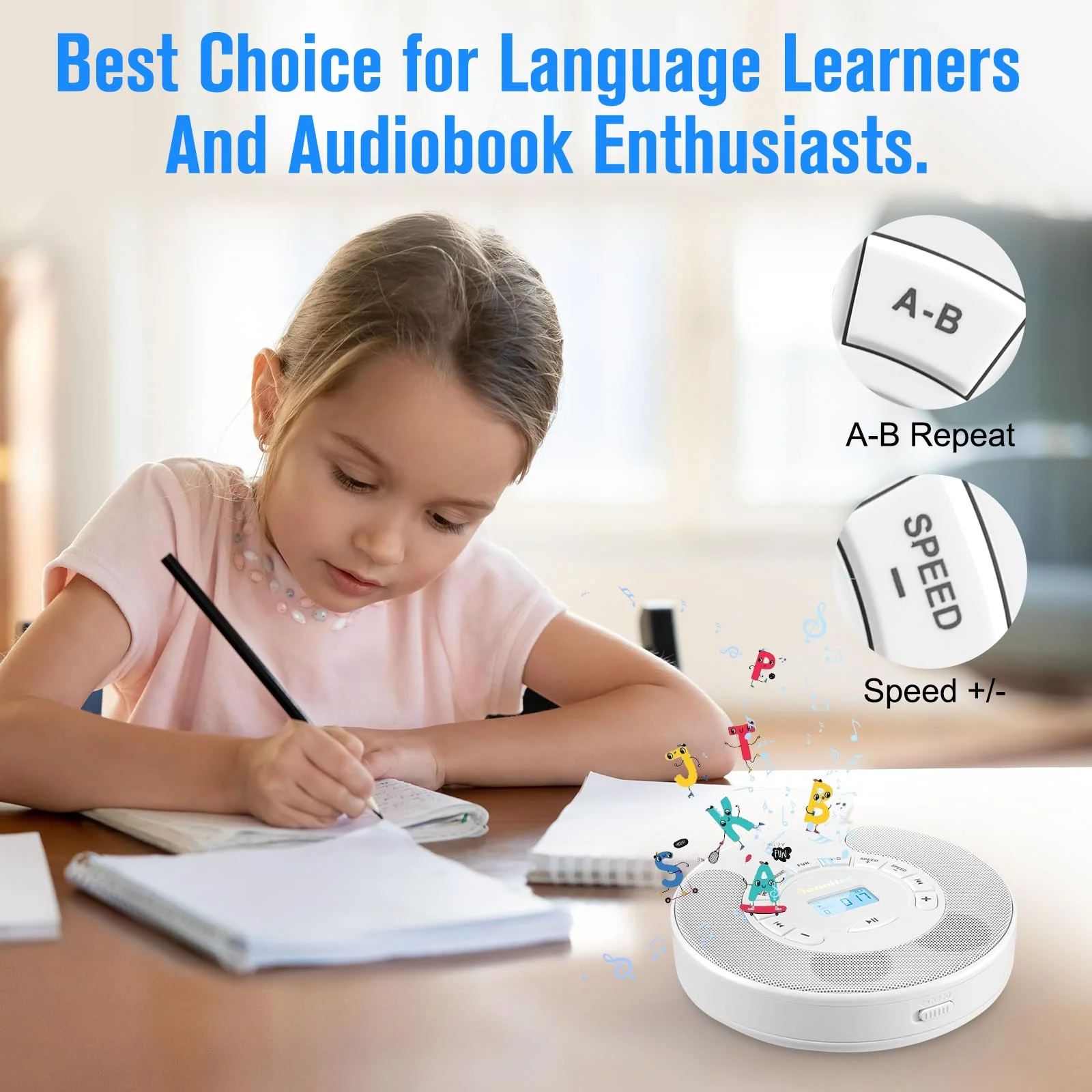 CD Player Portable, Rechargeable Dual Speakers Walkman, Bluetooth CD Player with Backlight LCD Display, support AUX/USB mode, Suitable for car,home,AUX Cable - Image 6