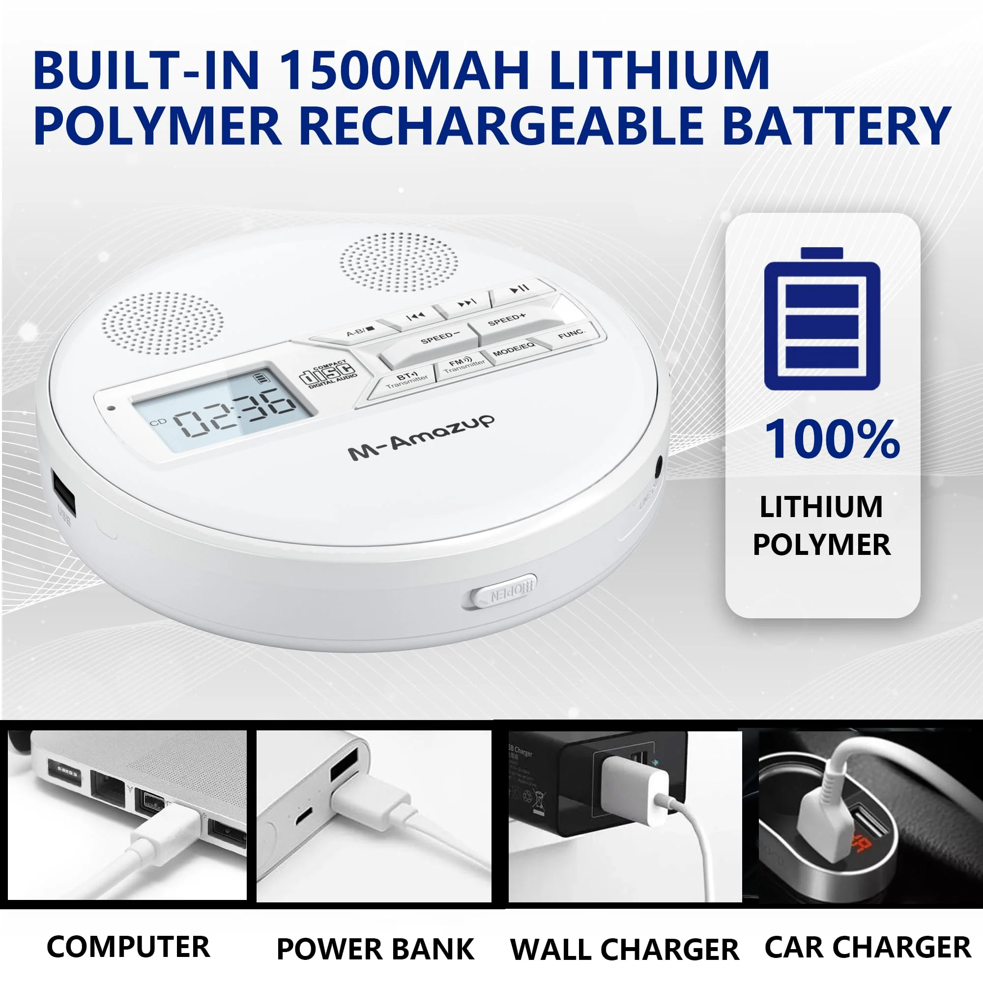 CD Player Portable, Rechargeable Portable CD Player with Dual Speakers and Anti Skip,CD,Dual Bluetooth,FM Transmission,USB,AUX,LCD Display,Sensitive Button,Repeat,10 Speeds for Home Car White - Image 2