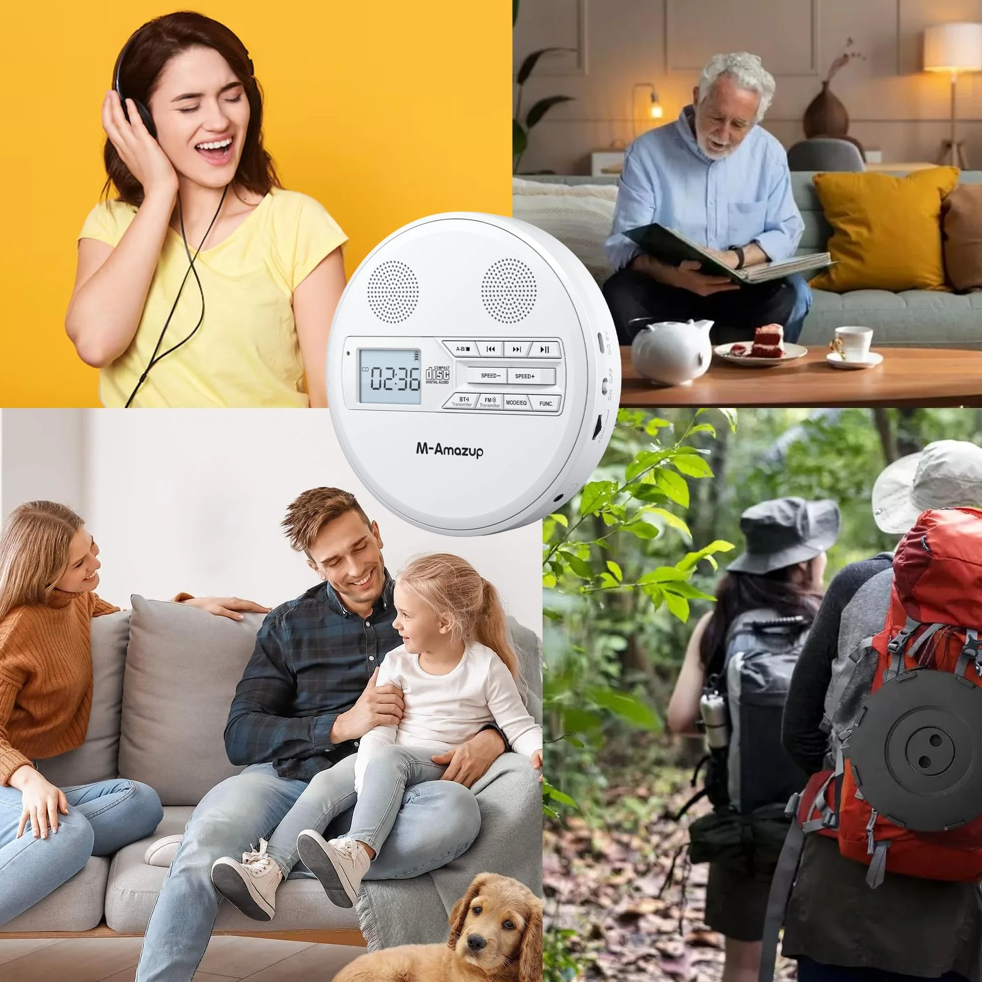 CD Player Portable, Rechargeable Portable CD Player with Dual Speakers and Anti Skip,CD,Dual Bluetooth,FM Transmission,USB,AUX,LCD Display,Sensitive Button,Repeat,10 Speeds for Home Car White - Image 3