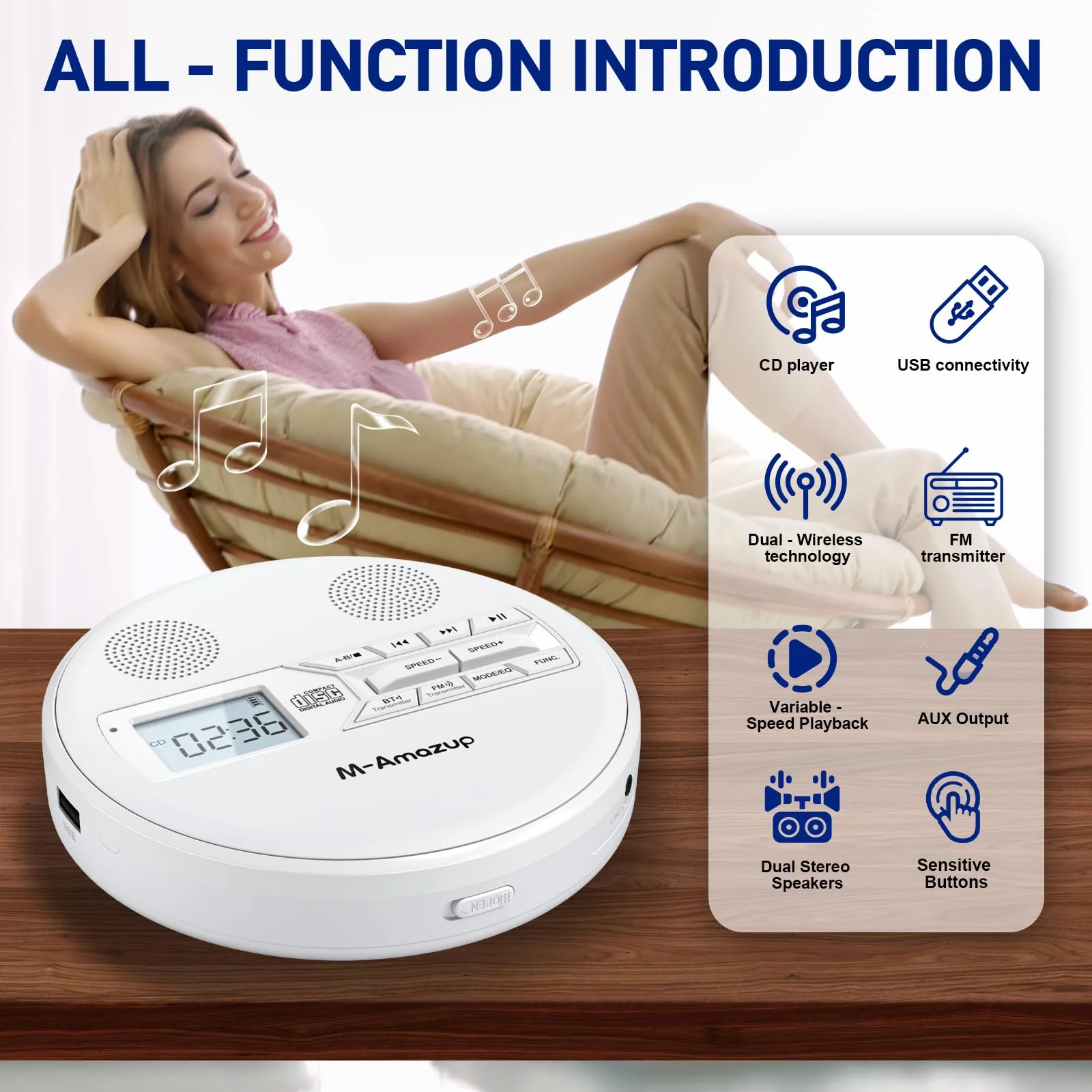 CD Player Portable, Rechargeable Portable CD Player with Dual Speakers and Anti Skip,CD,Dual Bluetooth,FM Transmission,USB,AUX,LCD Display,Sensitive Button,Repeat,10 Speeds for Home Car White - Image 4