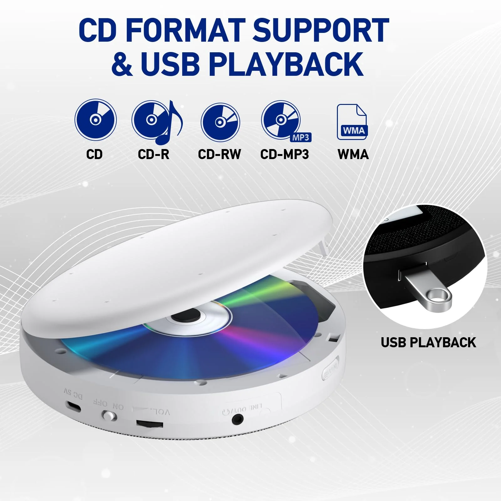 CD Player Portable, Rechargeable Portable CD Player with Dual Speakers and Anti Skip,CD,Dual Bluetooth,FM Transmission,USB,AUX,LCD Display,Sensitive Button,Repeat,10 Speeds for Home Car White - Image 6