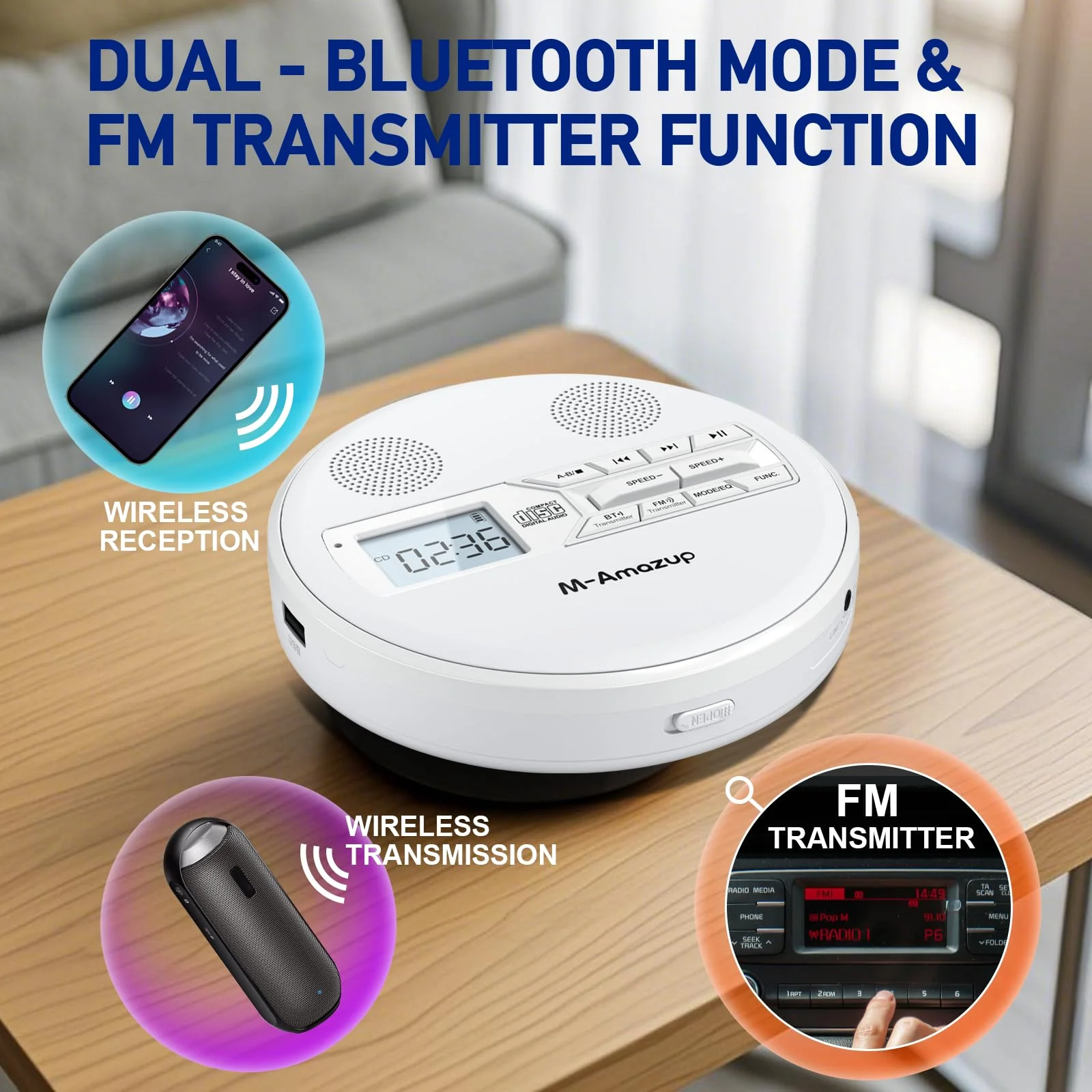 CD Player Portable, Rechargeable Portable CD Player with Dual Speakers and Anti Skip,CD,Dual Bluetooth,FM Transmission,USB,AUX,LCD Display,Sensitive Button,Repeat,10 Speeds for Home Car White - Image 7