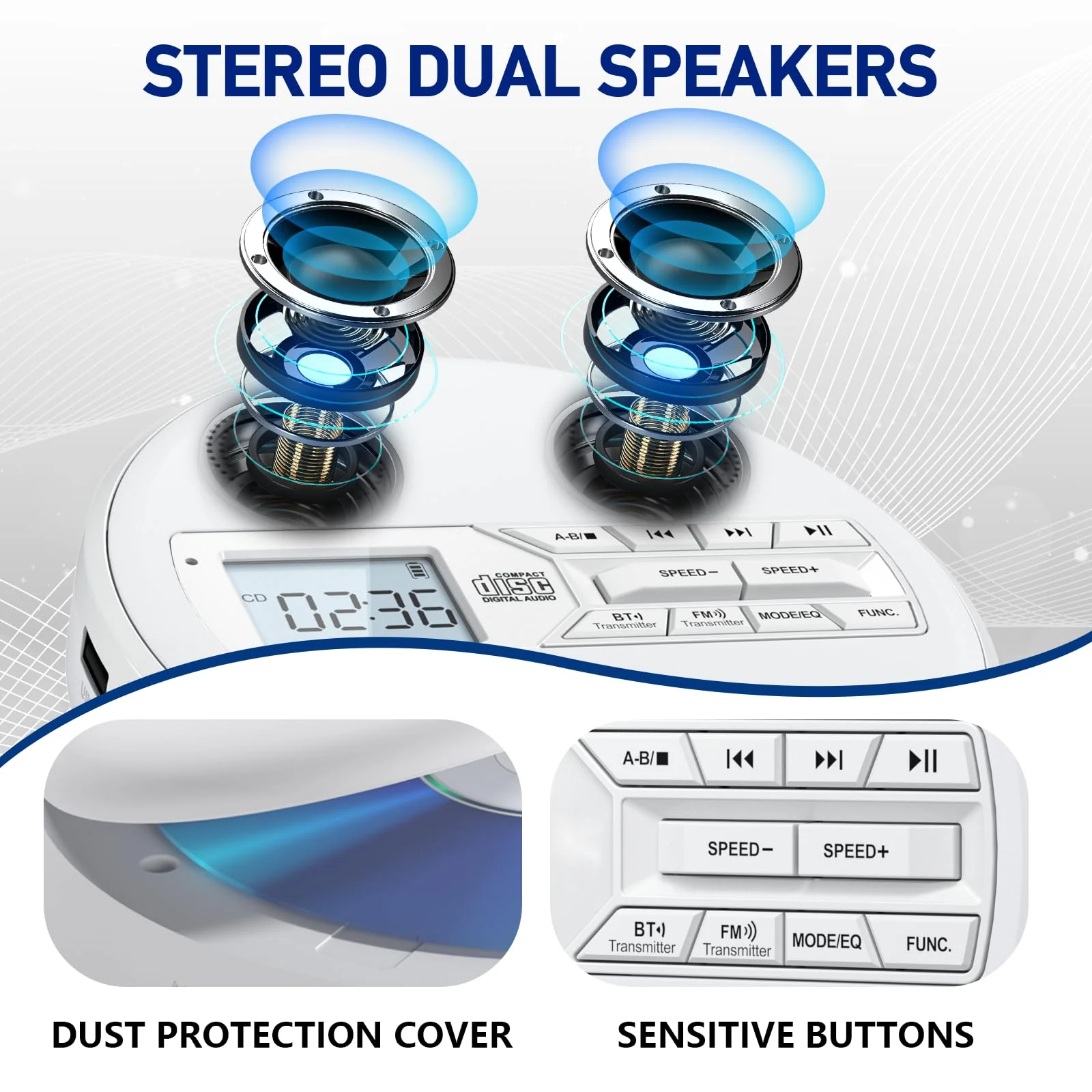 CD Player Portable, Rechargeable Portable CD Player with Dual Speakers and Anti Skip,CD,Dual Bluetooth,FM Transmission,USB,AUX,LCD Display,Sensitive Button,Repeat,10 Speeds for Home Car White - Image 8