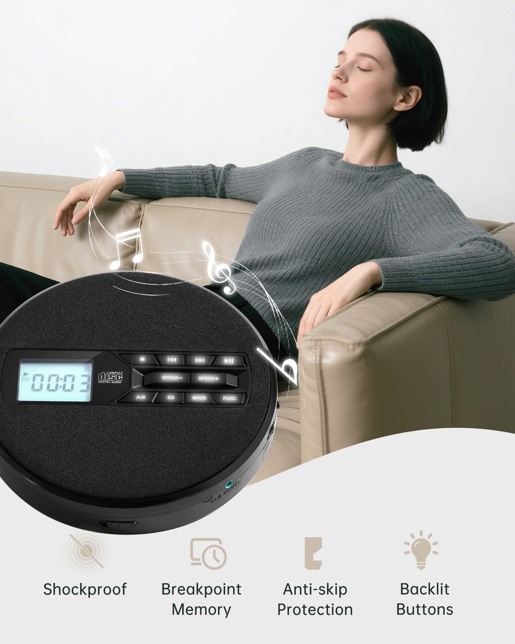 CD Player Portable with Speakers - Rechargeable Personal CD Player for Car and Home, Small Fabric Music Player with Backlit Display, Anti-Skip, AUX/USB Port - Ideal for Audiobooks & Gifts Black - Image 3