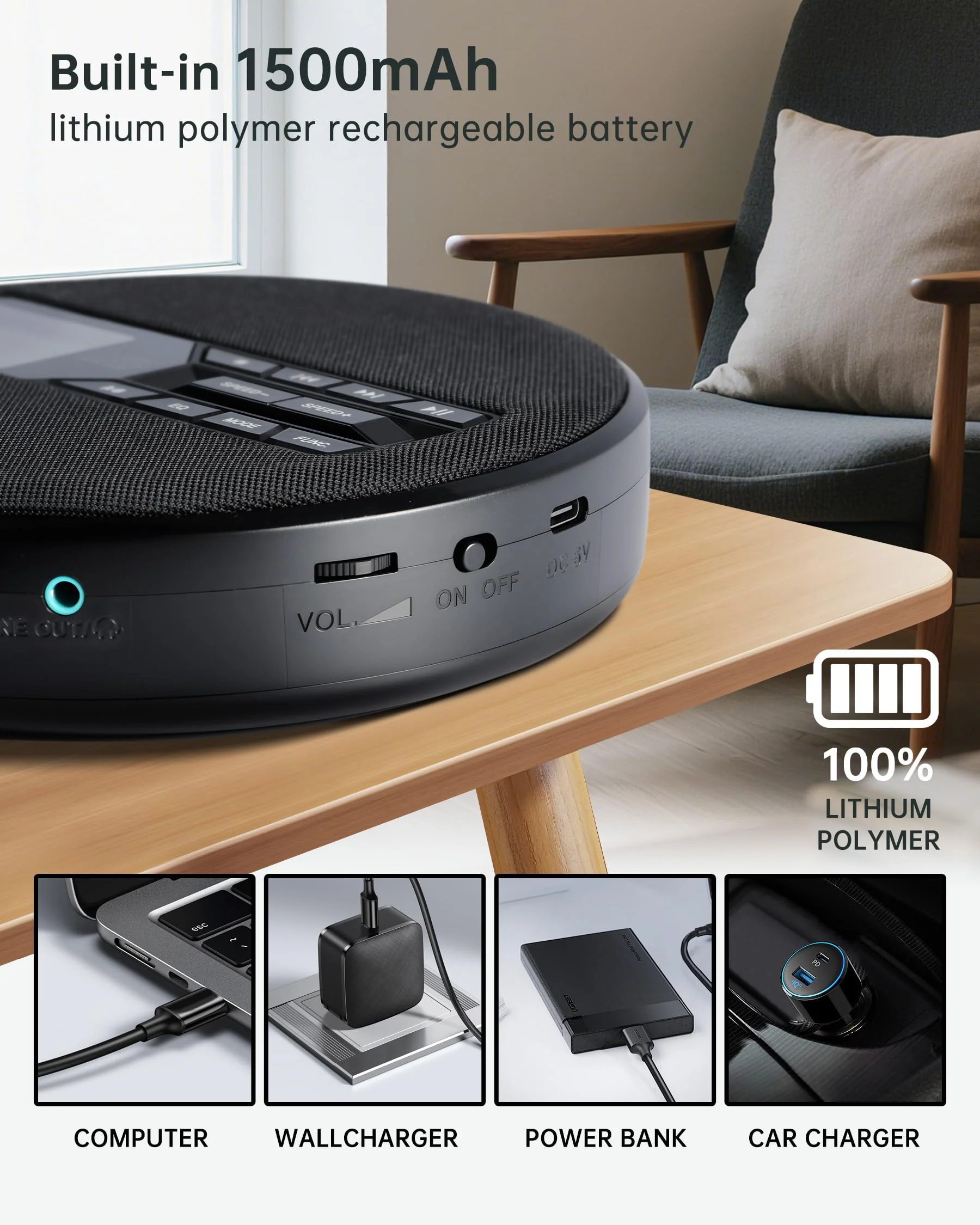 CD Player Portable with Speakers - Rechargeable Personal CD Player for Car and Home, Small Fabric Music Player with Backlit Display, Anti-Skip, AUX/USB Port - Ideal for Audiobooks & Gifts Black - Image 4