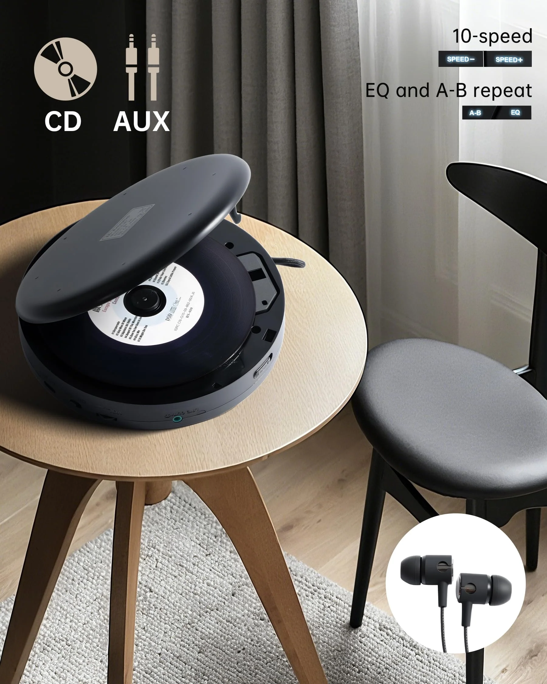CD Player Portable with Speakers - Rechargeable Personal CD Player for Car and Home, Small Fabric Music Player with Backlit Display, Anti-Skip, AUX/USB Port - Ideal for Audiobooks & Gifts Black - Image 7