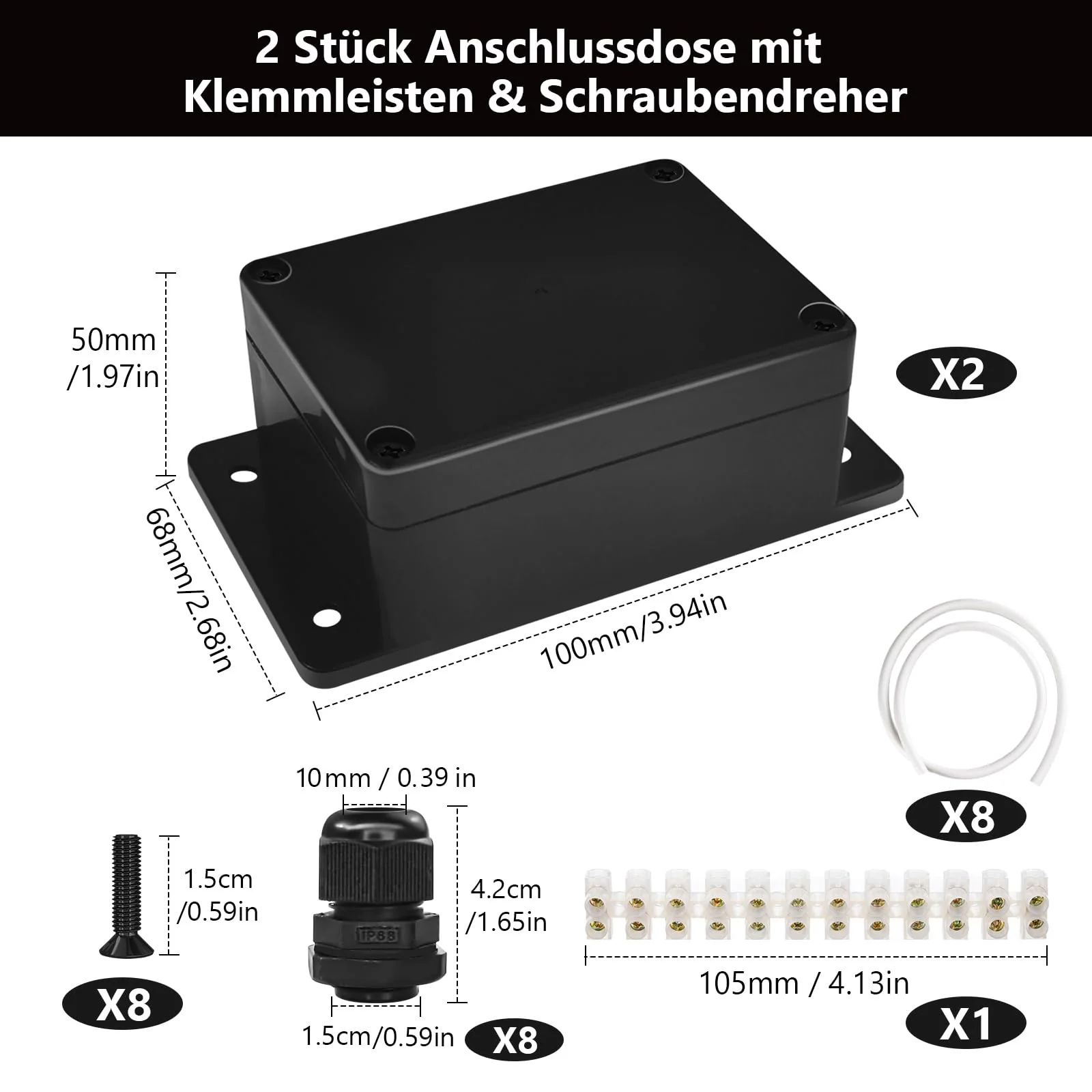 Celepoir Junction Box, Black, Waterproof IP65, Junction Box Waterproof with 8 Cable Glands, Small Junction Box with Fixed Ear, Wet Room Distribution Box for Electronics, 100 x 68 x 50 mm, Pack of 2 - Image 2