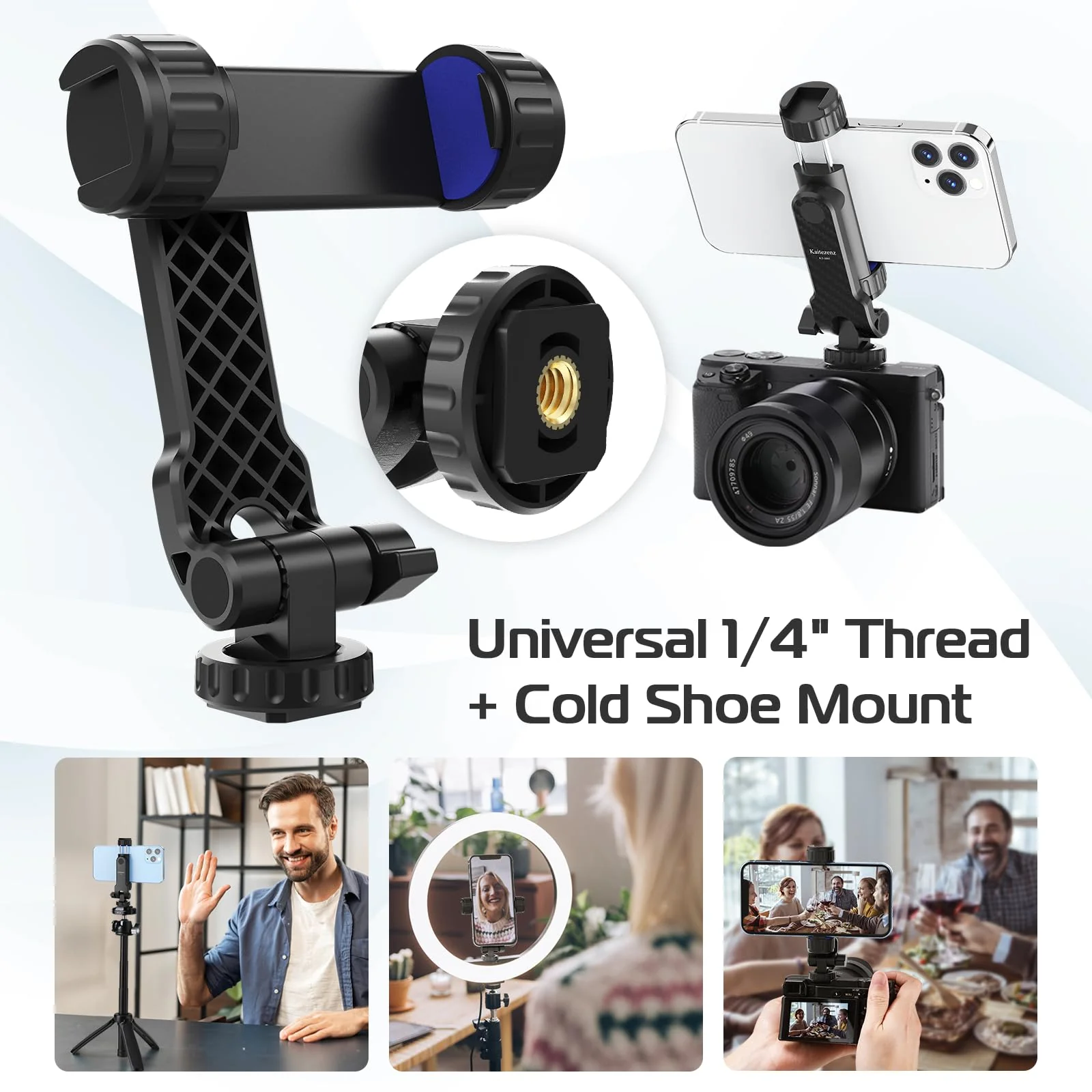 Cell Phone Tripod Mount, Universal Tripod Phone Mount with 2 Cold Shoes, 360° Rotates 180° Tilts Camera Hot Shoe Phone Mount Smartphone Tripod Holder Adapter for iPhone Samsung All Phone - Image 2