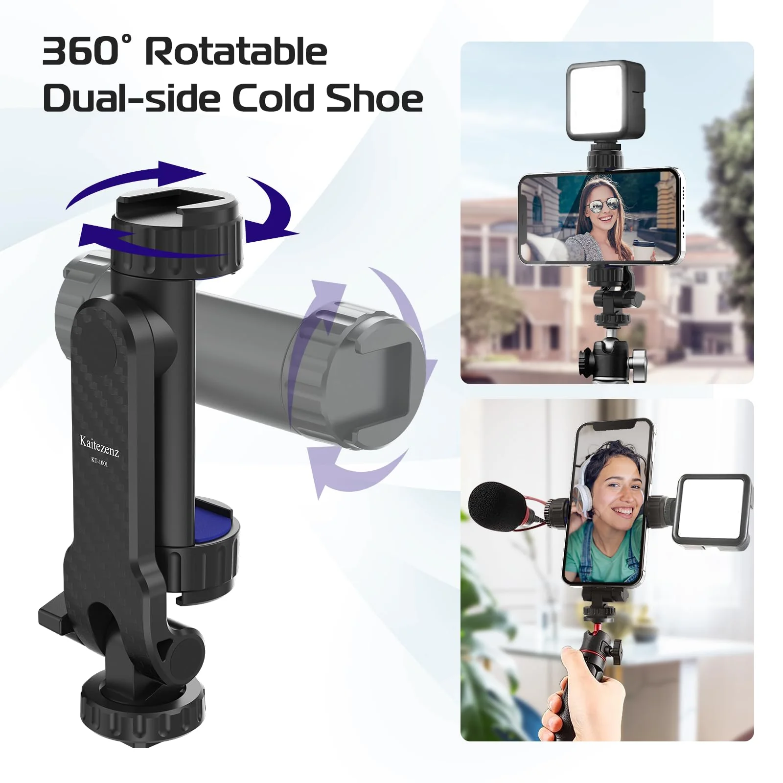 Cell Phone Tripod Mount, Universal Tripod Phone Mount with 2 Cold Shoes, 360° Rotates 180° Tilts Camera Hot Shoe Phone Mount Smartphone Tripod Holder Adapter for iPhone Samsung All Phone - Image 3