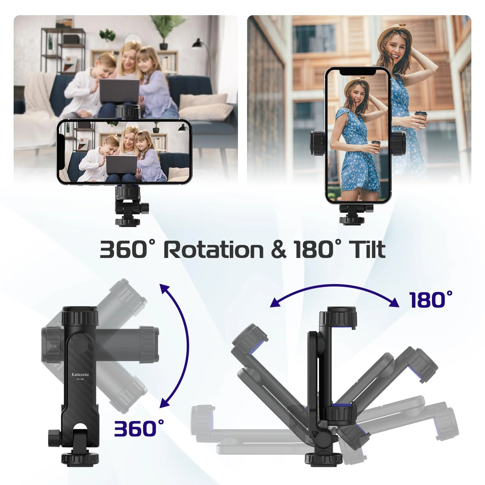 Cell Phone Tripod Mount, Universal Tripod Phone Mount with 2 Cold Shoes, 360° Rotates 180° Tilts Camera Hot Shoe Phone Mount Smartphone Tripod Holder Adapter for iPhone Samsung All Phone - Image 4