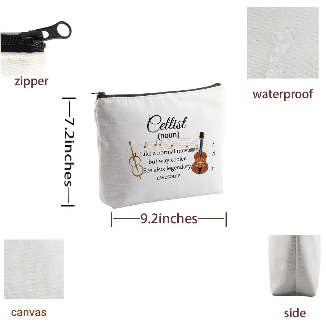 Cellist Gifts Cosmetic Makeup Bag Cello Players Gifts for Cello Lovers Recital Gift for Cellist Definition Travel Zipper Bag (White) White - Image 2