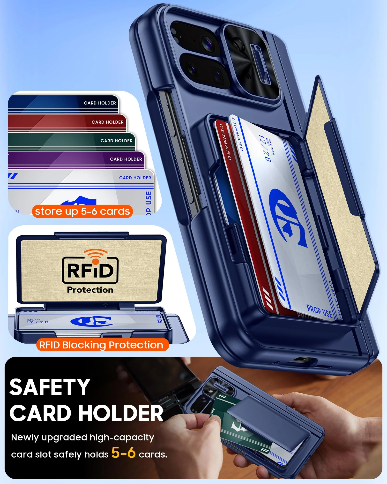 CENMASO for Google Pixel 10 Pro Fold Case with Card Holder [RFID Blocking] Camera Cover, Hinge Protection, Dual Hidden Kickstand, Screen Protector, Shockproof Phone Case for Pixel 10 Pro Fold (Blue) Blue-wallet - Image 3