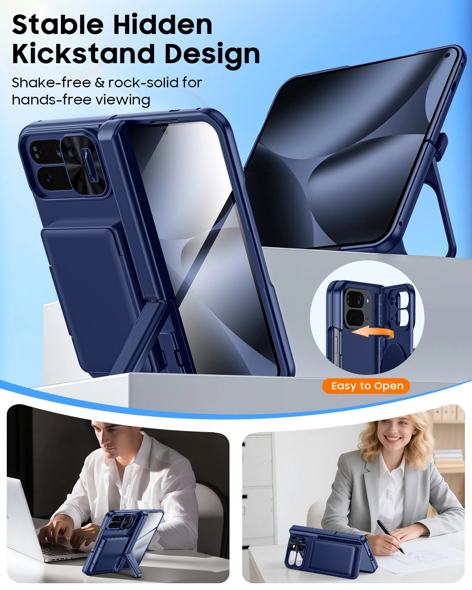 CENMASO for Google Pixel 10 Pro Fold Case with Card Holder [RFID Blocking] Camera Cover, Hinge Protection, Dual Hidden Kickstand, Screen Protector, Shockproof Phone Case for Pixel 10 Pro Fold (Blue) Blue-wallet - Image 4