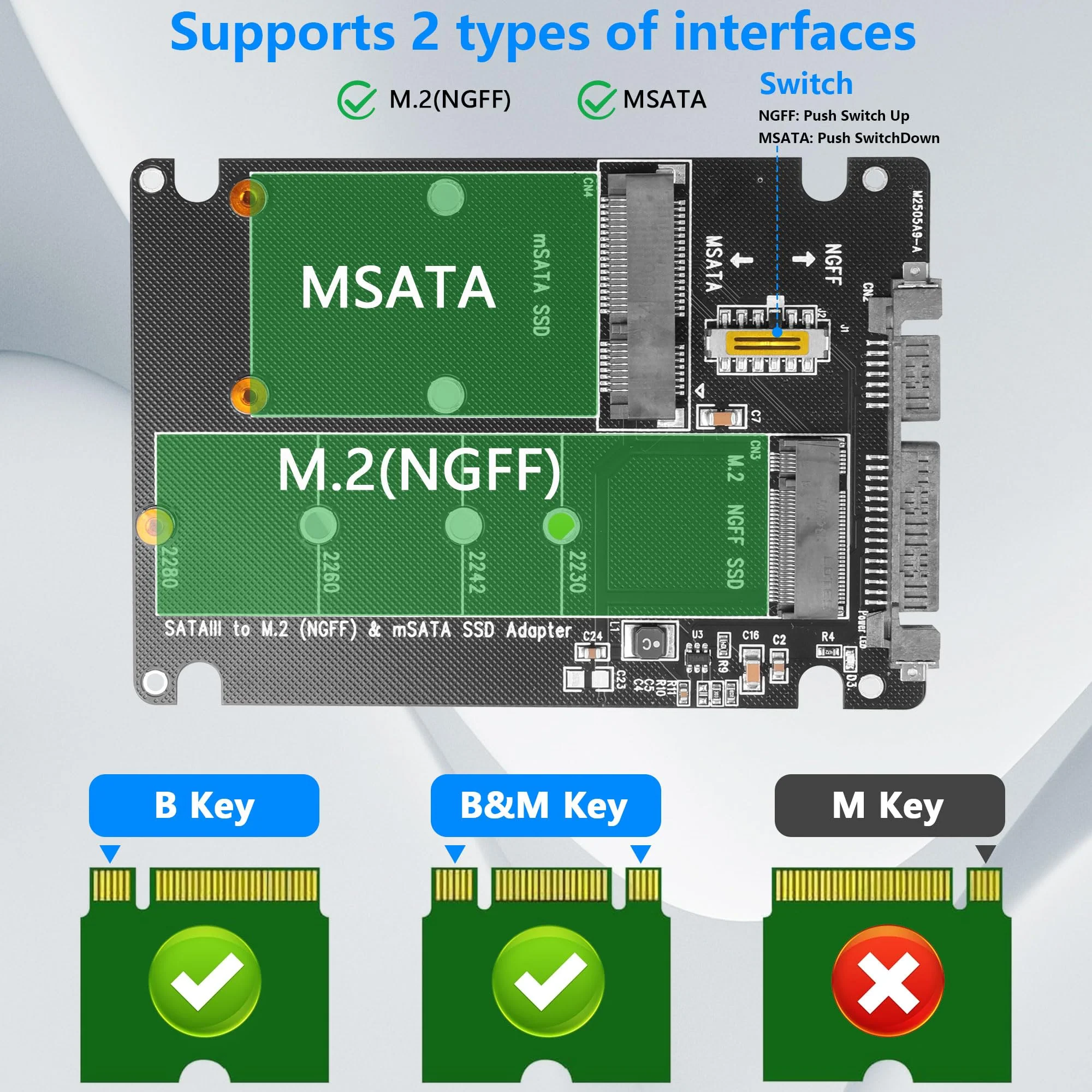 CERRXIAN M.2 NGFF SSD & MSATA SSD to 2.5" SATA III Converter Adapter 2 in 1 B Key/B&M Key M.2 NGFF mSATA SSD Hard Drive to SATA3.0 Enclosure Adapter Not for M Key - Image 2