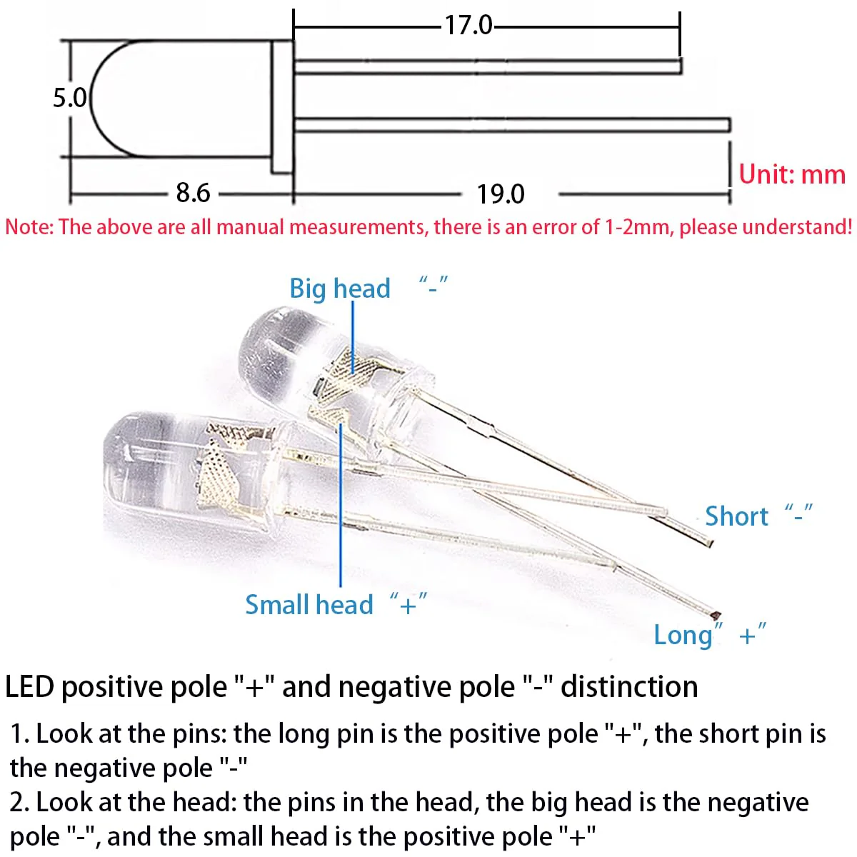 CESFONJER 500 pcs LED light diodes 5 mm, round colour diodes 5 mm 2-pin, (5 colours x 100 pcs), assorted colours white / red / yellow / green / blue kit box set. - Image 2