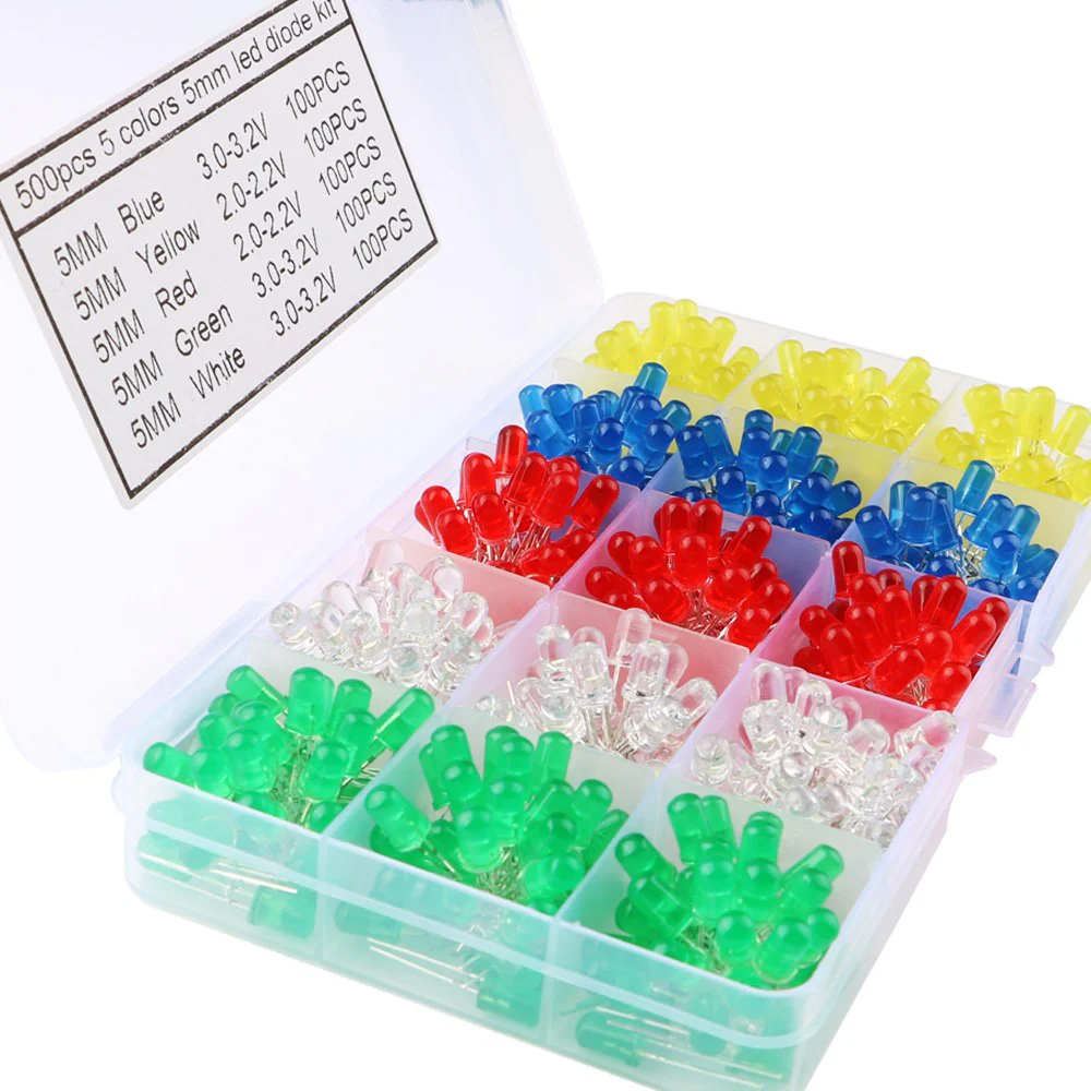 CESFONJER 500 pcs LED light diodes 5 mm, round colour diodes 5 mm 2-pin, (5 colours x 100 pcs), assorted colours white / red / yellow / green / blue kit box set. - Image 3