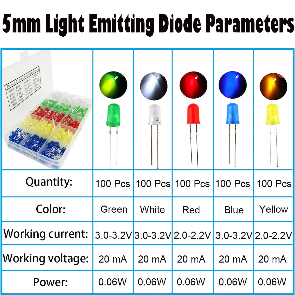 CESFONJER 500 pcs LED light diodes 5 mm, round colour diodes 5 mm 2-pin, (5 colours x 100 pcs), assorted colours white / red / yellow / green / blue kit box set. - Image 4