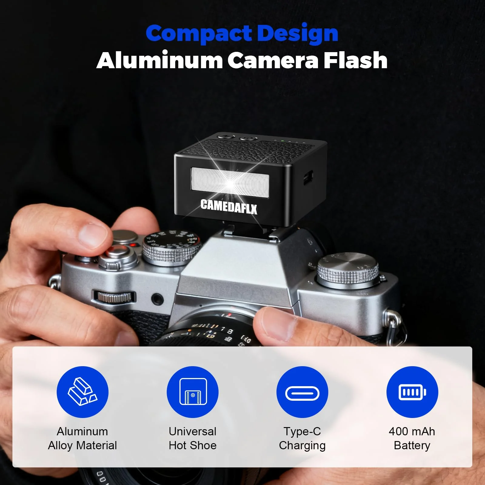 CF2 Mini Camera Flash-Aluminum Hot Shoe Flash,GN10,5 Power Levels Manual Camera Flash for Sony ZV1/Ricoh GR3/Fuji/Canon/Nikon/Mini Flash for Film Camera DSLR(Black). - Image 4