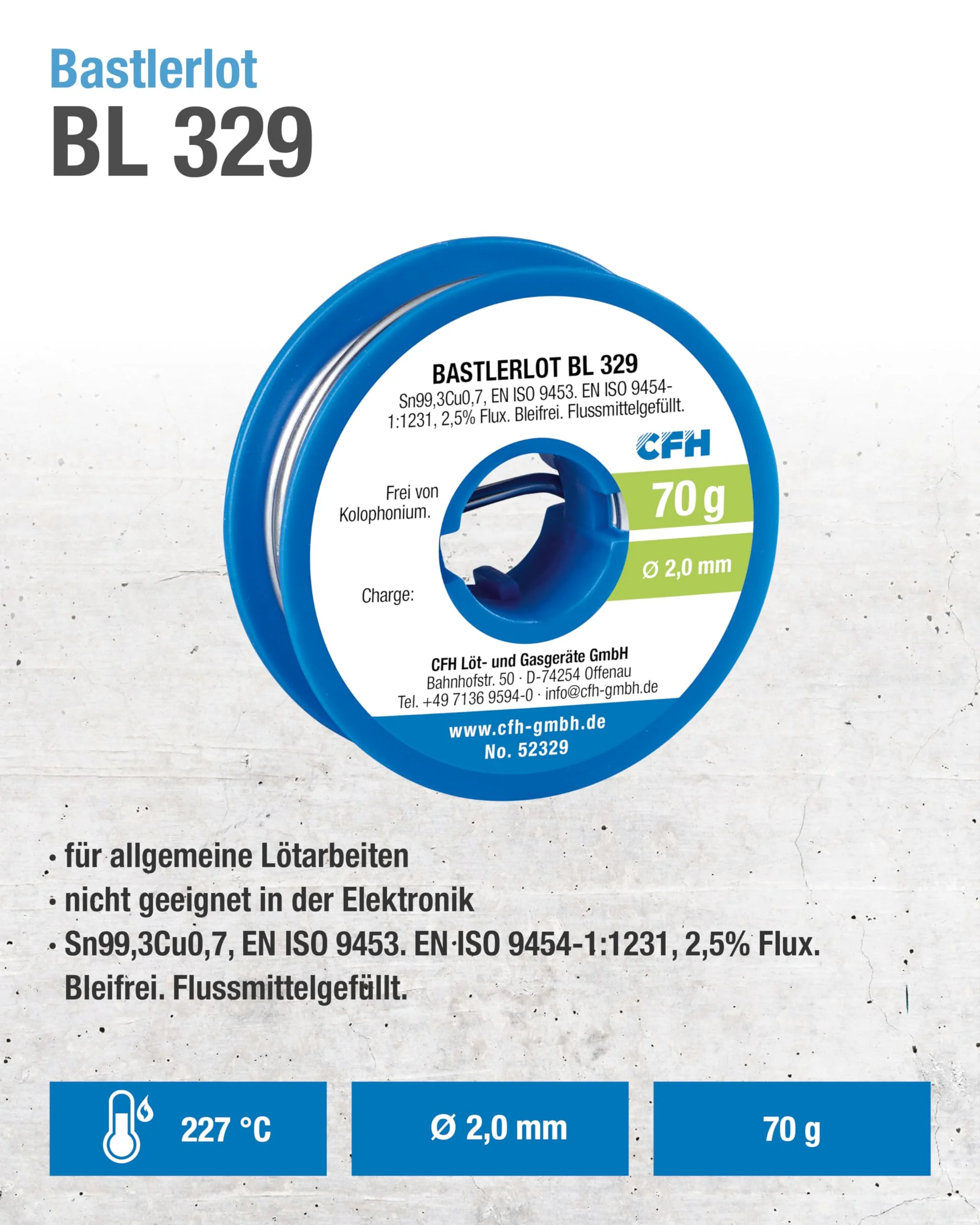 CFH Bastlerlot EL 329 – Solder Diameter 2.0 mm, 70 g, Flux Filled, Lead-Free, Ideal Solder for Repairs and Soldering Projects in Crafts, High Quality, Made in Germany - Image 2