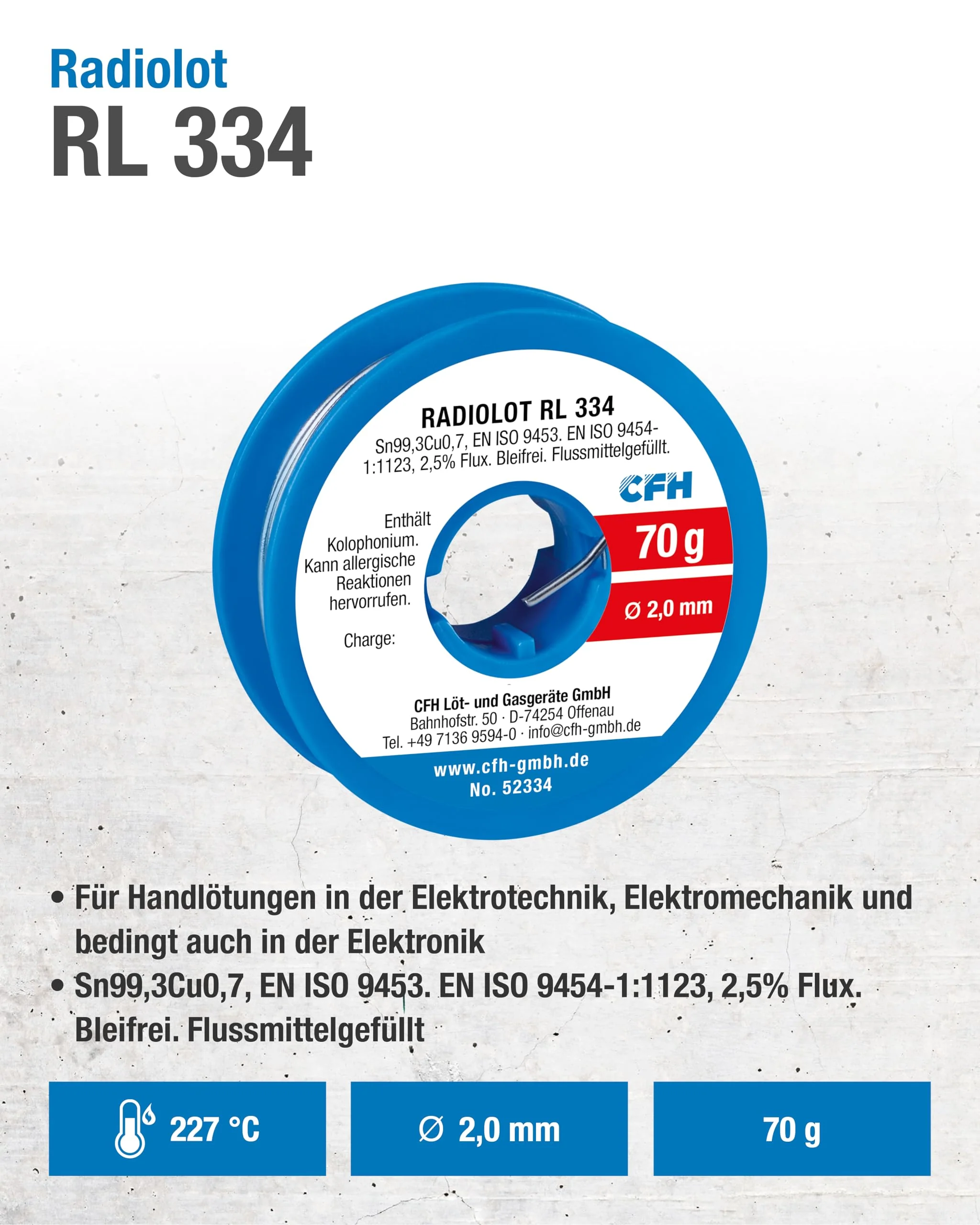 CFH Radiolot RL 334 – Solder Diameter 2.0 mm, 70 g, Flux Filled, Lead-Free, Solder for Fine Soldering, Plumbing, Telecommunications Construction and General Soldering, High Quality, Made in Germany - Image 2