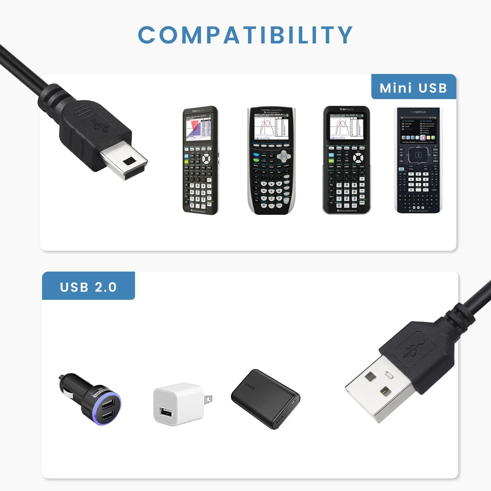 Charger Compatible with TI-84 Plus CE Graphing Calculator, TI-Nspire CX/CX CAS - 3ft Charging Cable - Image 2