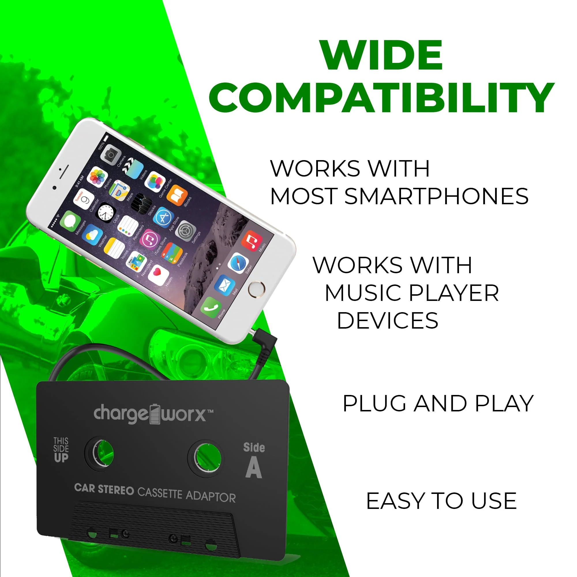 Chargeworx Car Cassette Adapter to 3.5mm Aux Plug|Connects Aux-Cord Compatible Smartphones, iPads, Laptops, CD Players to Tape Players|Stream Music, Audiobooks through Car Speakers Using Cassette Deck - Image 2