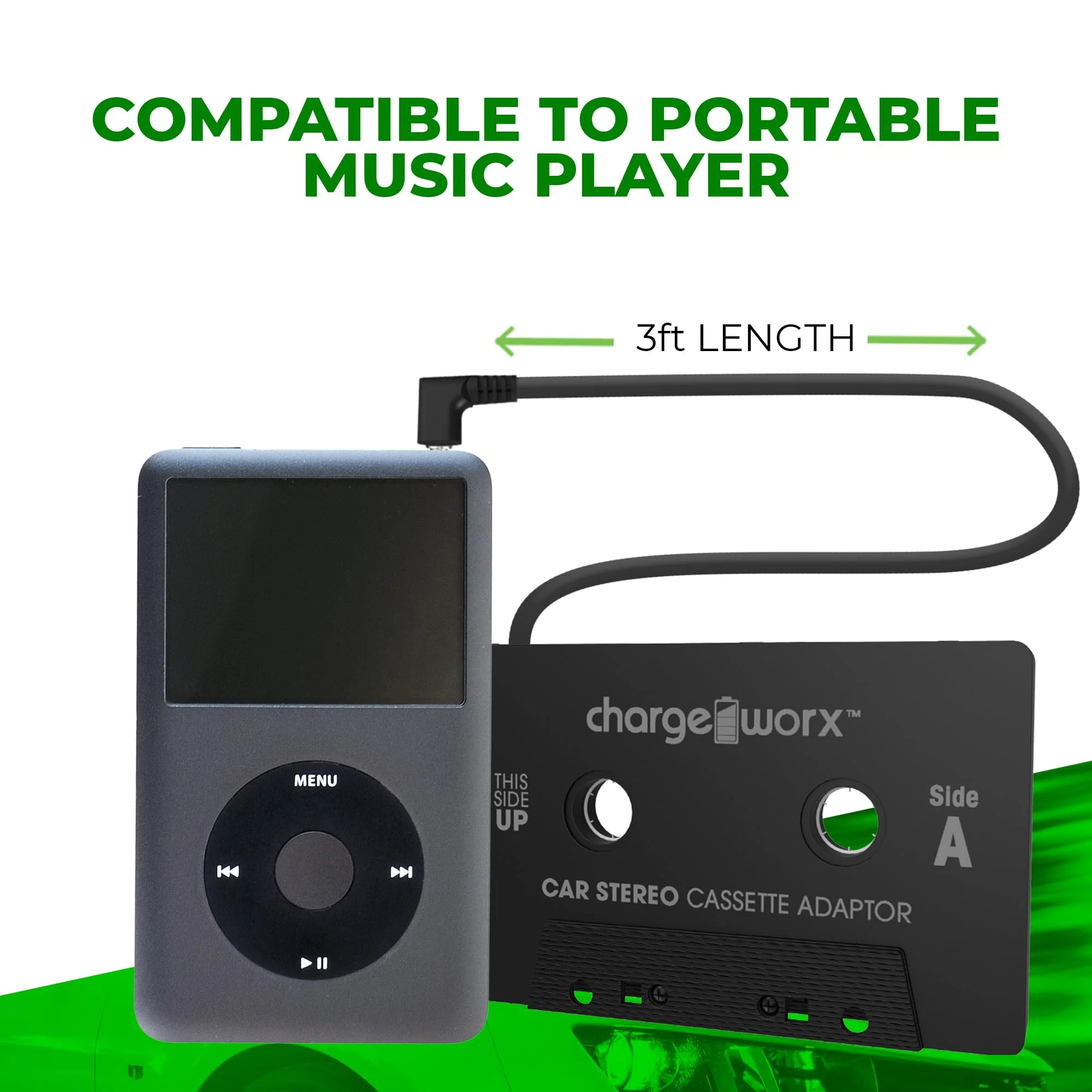 Chargeworx Car Cassette Adapter to 3.5mm Aux Plug|Connects Aux-Cord Compatible Smartphones, iPads, Laptops, CD Players to Tape Players|Stream Music, Audiobooks through Car Speakers Using Cassette Deck - Image 4