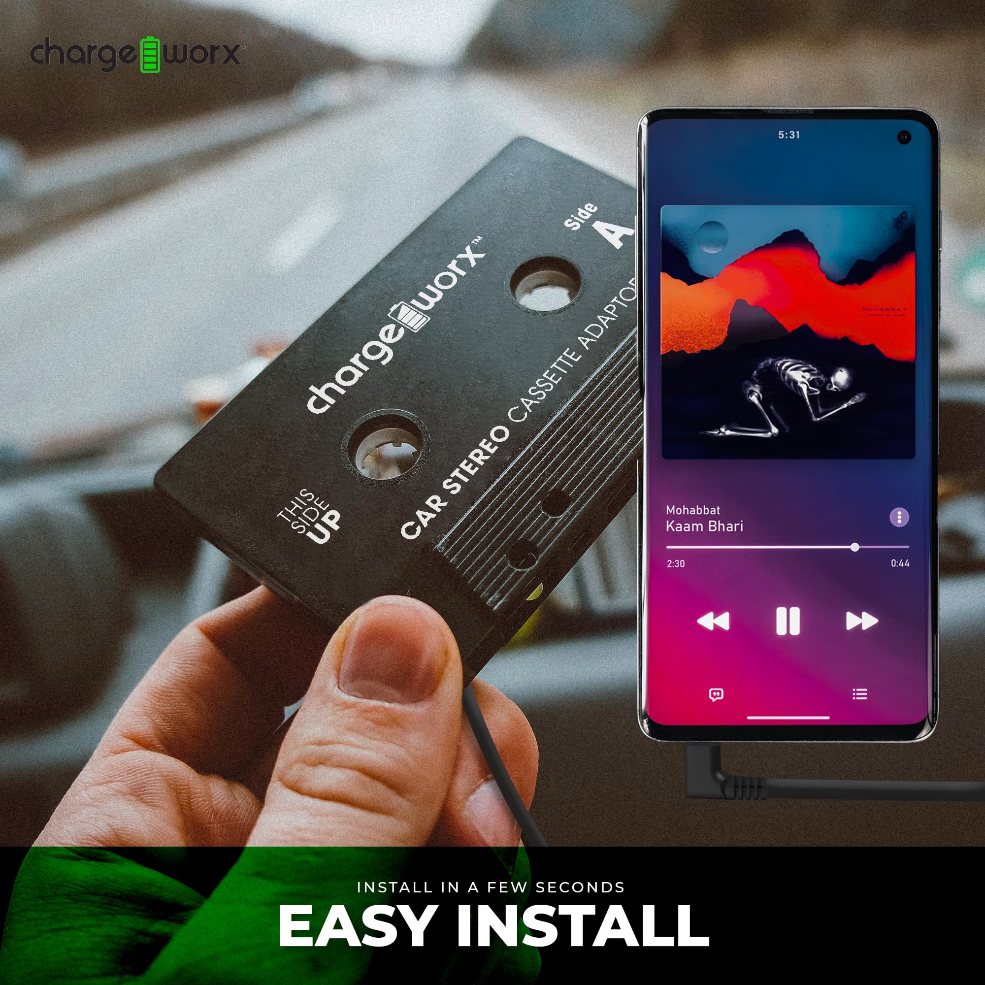 Chargeworx Car Cassette Adapter to 3.5mm Aux Plug|Connects Aux-Cord Compatible Smartphones, iPads, Laptops, CD Players to Tape Players|Stream Music, Audiobooks through Car Speakers Using Cassette Deck - Image 6