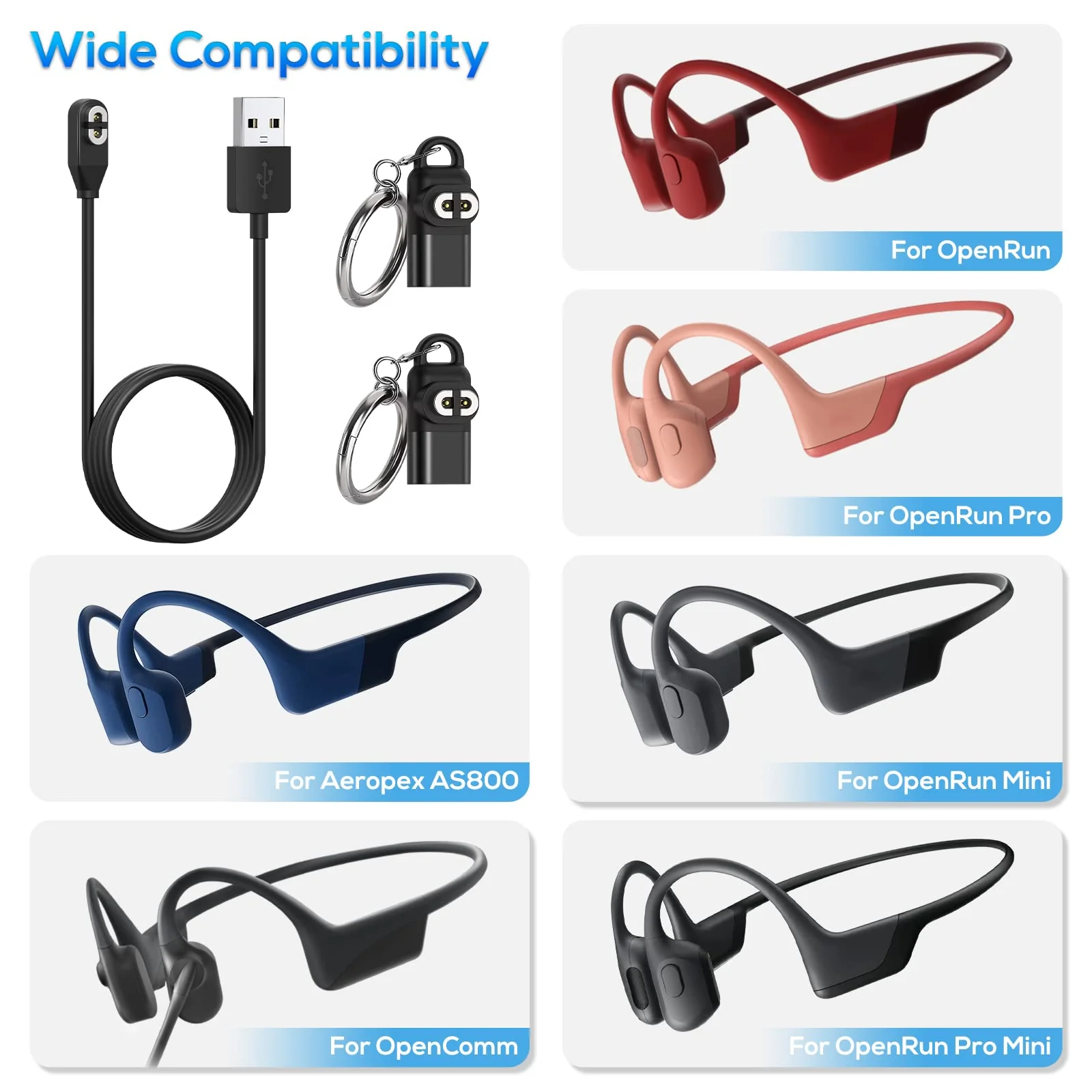 Charging Cable for Shokz Openrun/Openrun Pro/Opencomm/OpenRun Mini & Aftershokz Headphones Aeropex AS800 with USB C Adapter, 3.3ft USB Magnetic Charger Cord for Shokz Bone Conduction Headphones - Image 2