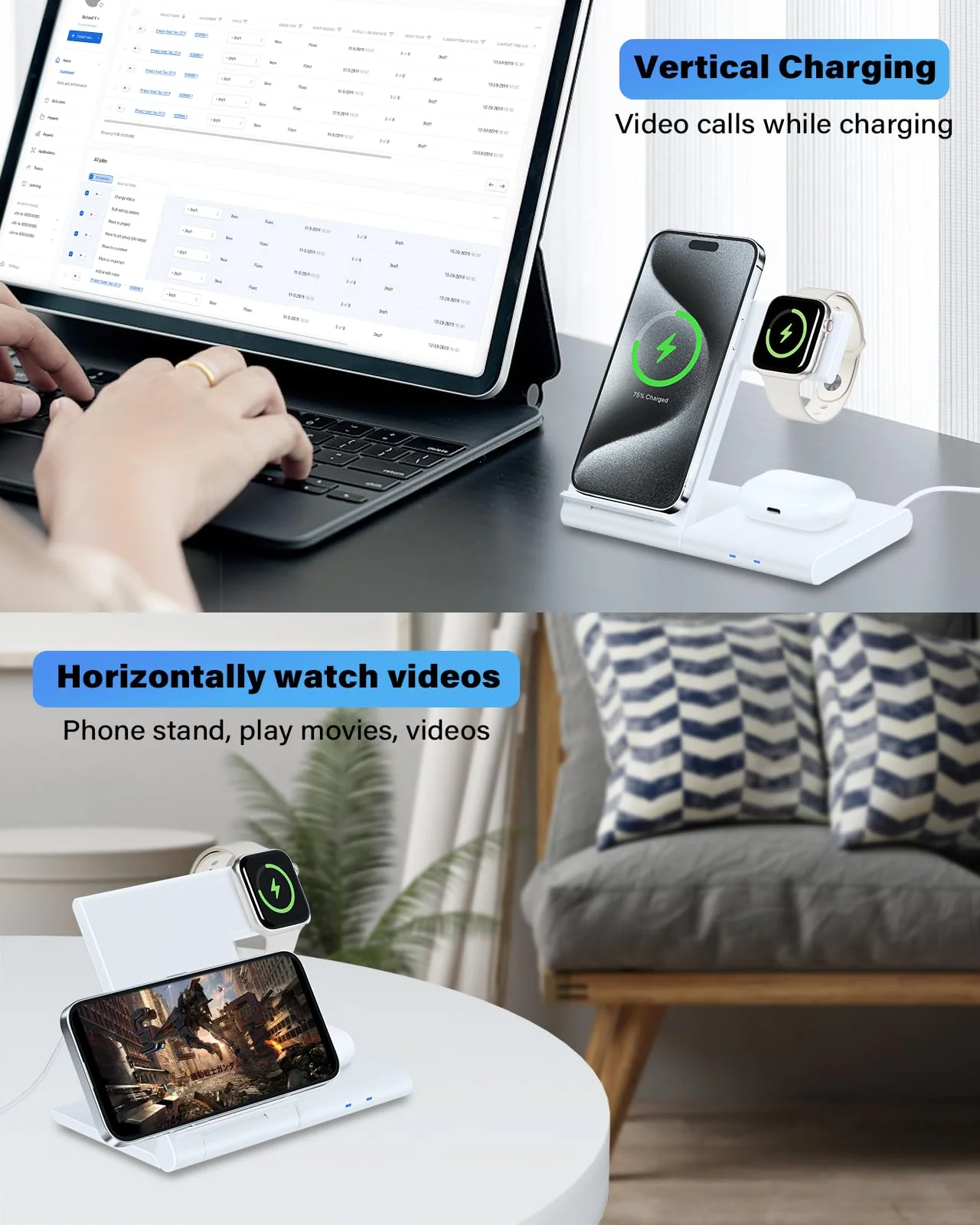 Charging Station for Apple Multiple Devices, Foldable 3 in 1 Wireless Charger for iPhone 16 15 14 13 Pro Max Plus &Apple Watch 10 9 Ultra 8 7 6 5 4 3 2 SE/AirPods Pro 4 3 2 White - Image 3
